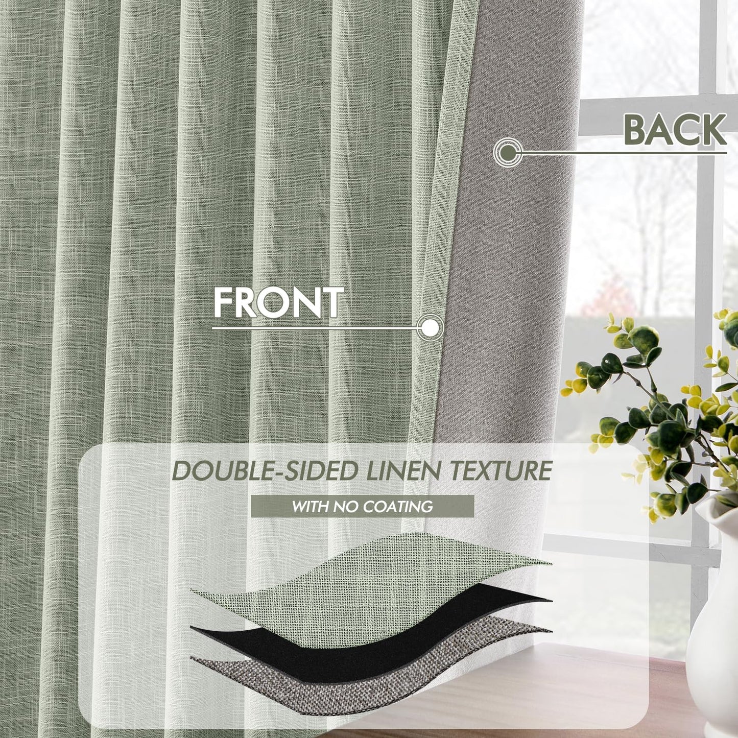 MIULEE Sage Green 100% Blackout Linen Curtain 96 Inch 2 Panel Set Double Sided No Coating Pinch Pleated Back Tab Floor to Ceiling Black out Thermal Insulated Bedroom Living Room Darkening Window Drape