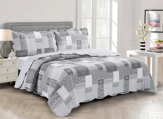 Brilliant Sunshine Grey Heart Love, Floral and Lace Patchwork, 3-Piece Quilt Set with 2 Shams, Reversible Bedspread, Soft Lightweight Coverlet, All-Season, King, Grey