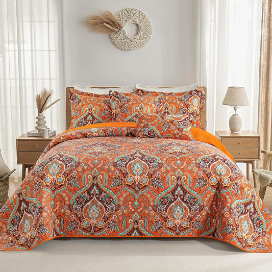 VAPUTAR Cotton Quilt King Size, King Size Quilt Bedding Set with Bohemian Damask Pattern-3Pieces Lightweight Reversible Soft Bedspread Coverlet (98 * 106 in) Suitable for All Season （Light Orange）
