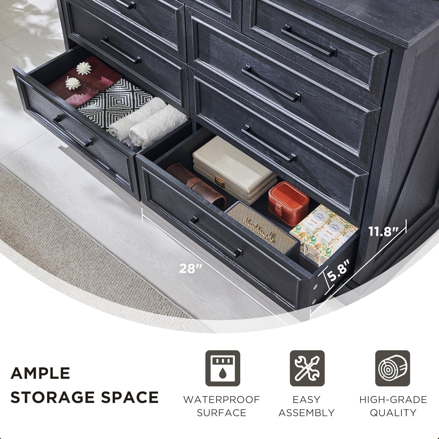 Farmhouse 9 Drawer Dresser for Bedroom, 36 Inch Tall Modern Dresser TV Stand with Large Drawers & Bar Handles, Rustic Wood Chest of Drawers for Bedroom, Living Room, Hallway, Black