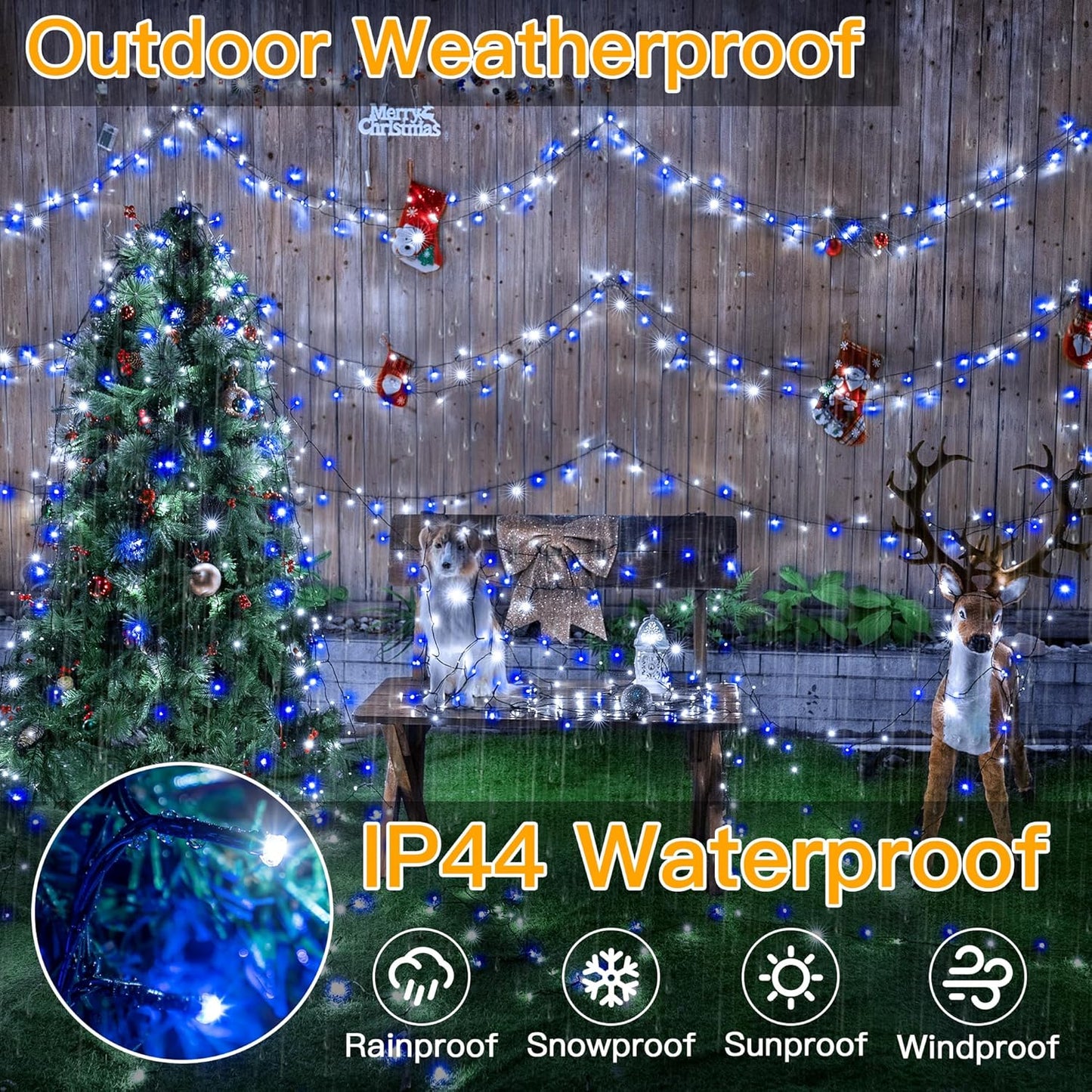 Ollny Christmas Lights, 500LED 164FT Long Christmas Tree Lights with 8 Modes Remote Timer IP44 Waterproof, Outdoor Christmas Lights for Tree House Yard Outside Xmas Decorations (Blue+White)