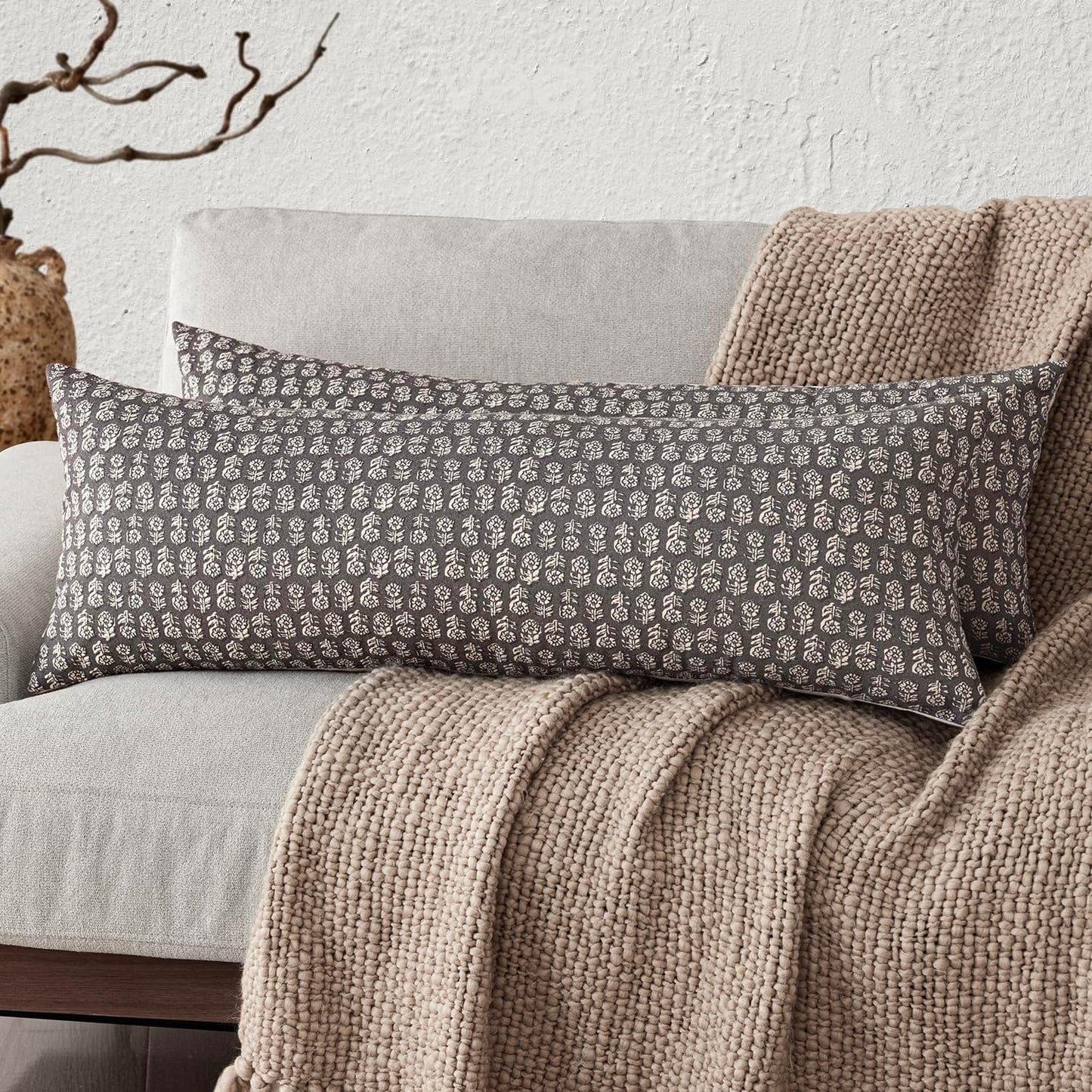 Foindtower Set of 2 Decorative Vintage Long Lumbar Throw Pillow Covers Neutral Modern Farmhouse Cushion Covers Floral Home Decor For Sofa Couch Chair Bedroom Living Room Outdoor,14×36 Inch,Rustic Gray