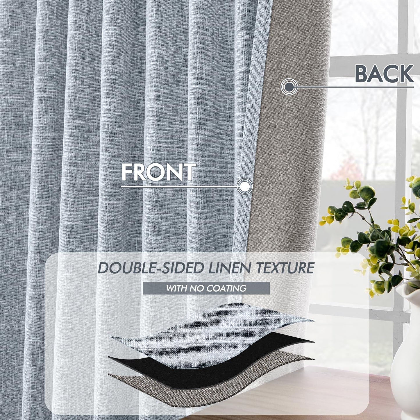 MIULEE Light Blue 100% Blackout Linen Curtains 84 Inch 2 Panels Set Double Sided No Coating Pleated Back Tab Black Out Long Thermal Insulated Pinch Pleat Bedroom Living Room Darkening Window Drapes