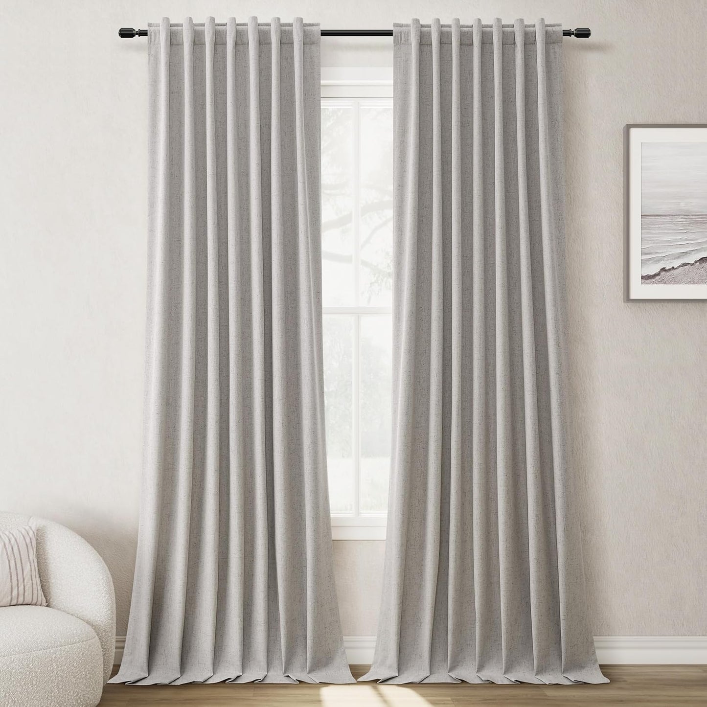 Silver Gray Linen 100% Blackout Curtains for Bedroom 102 Inch Long 2 Panels Window Curtain Floor To Ceiling Length for Living Room Sliding Glass Door Back Tab Linen Room Darkening Drapes 52x102