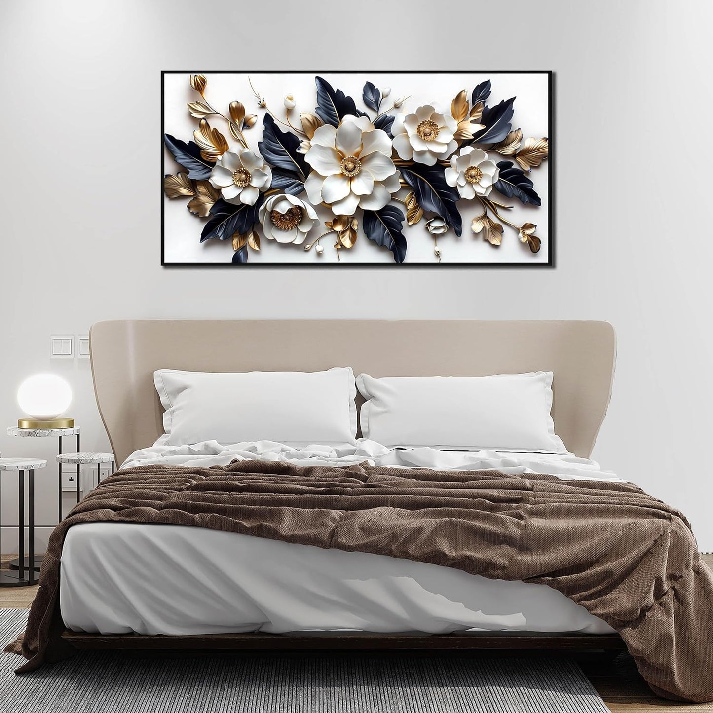 White Flowers Wall Art for Bedroom - White and Gold Wall Art for Office - Framed Wall Art for Living Room Large Size 29" x 59"