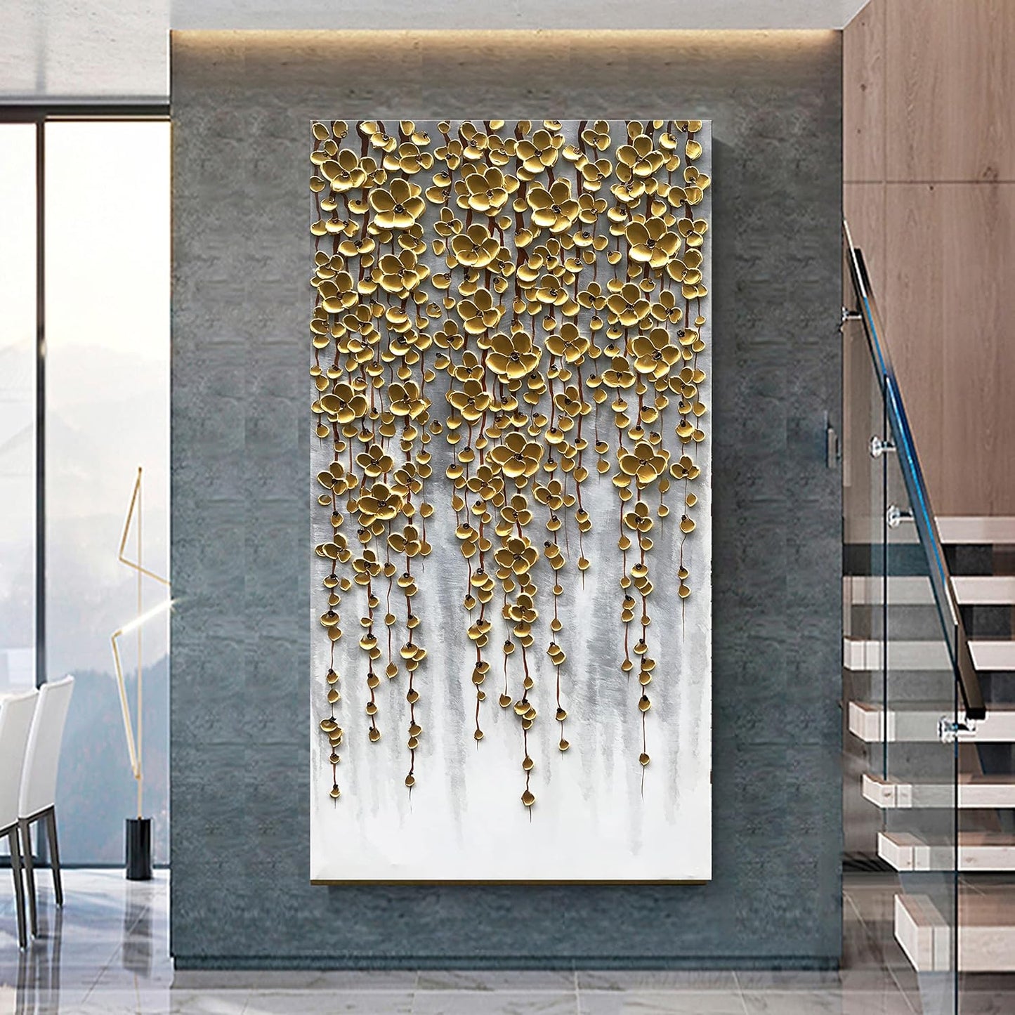 3D Vertical Abstract Canvas Oil Painting Wall Art, 116x57cm Golden Flower Painting Wall Art, Home Living Room Wall Decoration Abstract Painting Art