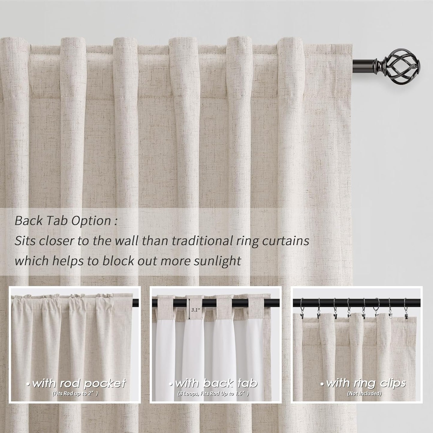 BOODII 100 Inch Blackout Curtains 2 Panels Set Back Tab Thermal Insulated Sand Beige Linen Textured Black Out Curtains Noise Reducing Neutral Living Room Darkening Window Drapes Pleated Look 52x100