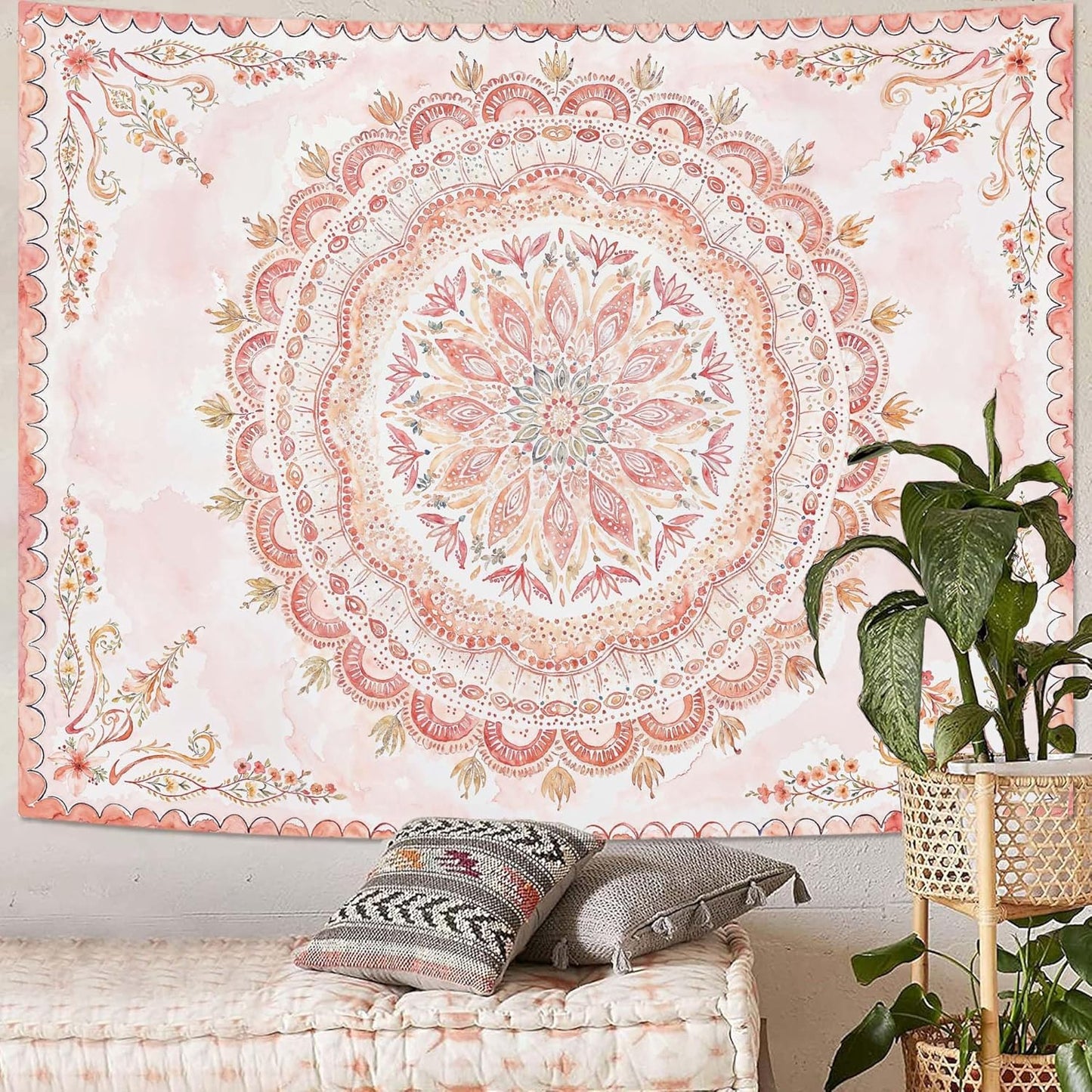 Fowocu Boho Floral Mandala Tapestry Wall Hanging Pink Bohemian Flower Medallion Tapestry Aesthetic Watercolor Hippie Indian Large Tapestries for Bedroom Living Room Dorm Decor 80 x 60 Inch