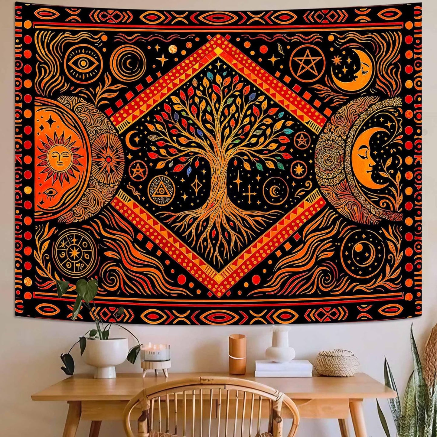 Lunerfex Tree of Life Sun Moon Stars Wall Tapestry, Cosmic Harmony Symbol Tapestries for Home Decor, Mystical Tapestry 80x60 Inch