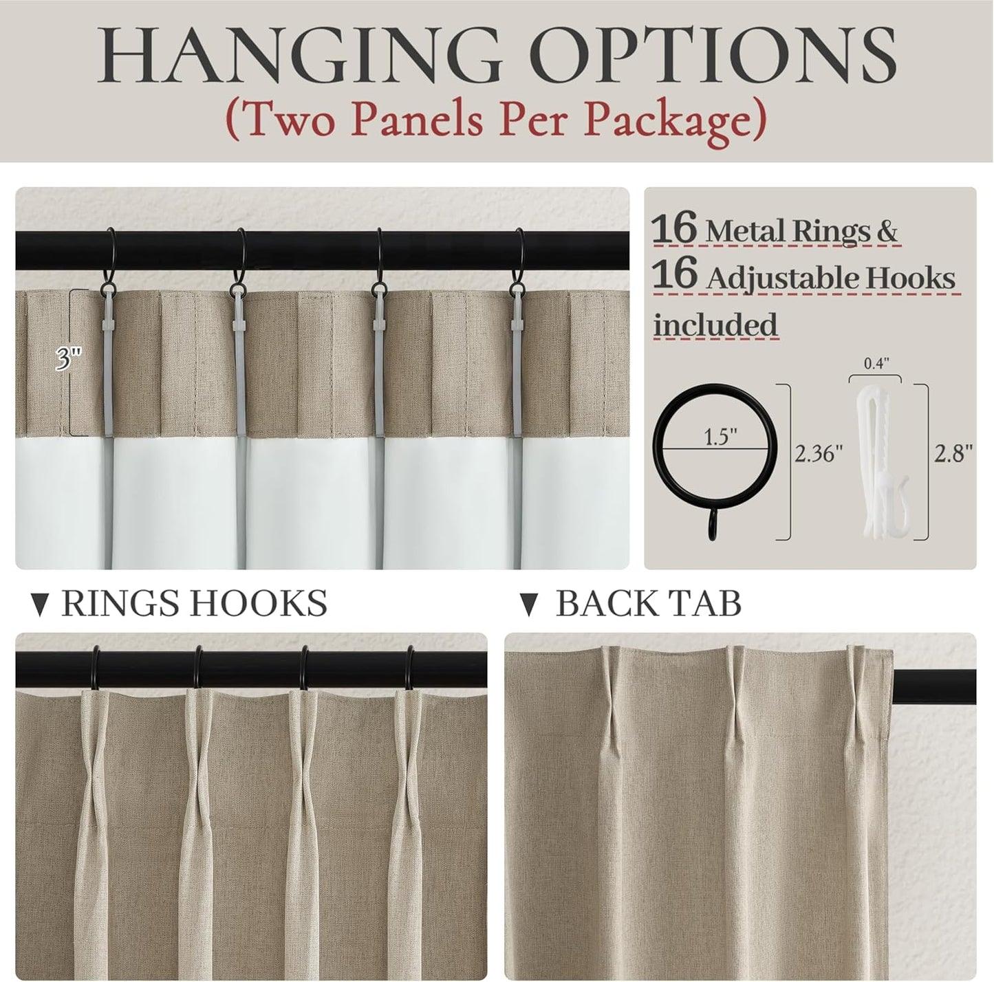 Black Out 96 Inch Long Boho Curtains 2 Panel Set, Farmhouse Curtains for Living Room Darkening/Thermal/Noise Reduction Textured Flax Linen Pinch Pleated Drapes 8ft Hook&Ring Included GreyBeige 40"x96"