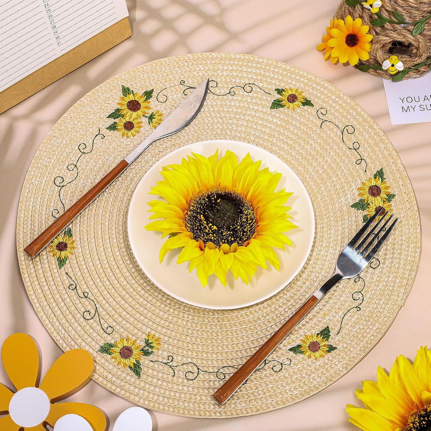 Whaline 4Pcs Round Sunflower Placemats Spring Summer Flower Embroidered Place Mats Floral Dinner Table Mats for Home Holiday Birthday Baby Shower Party Decor