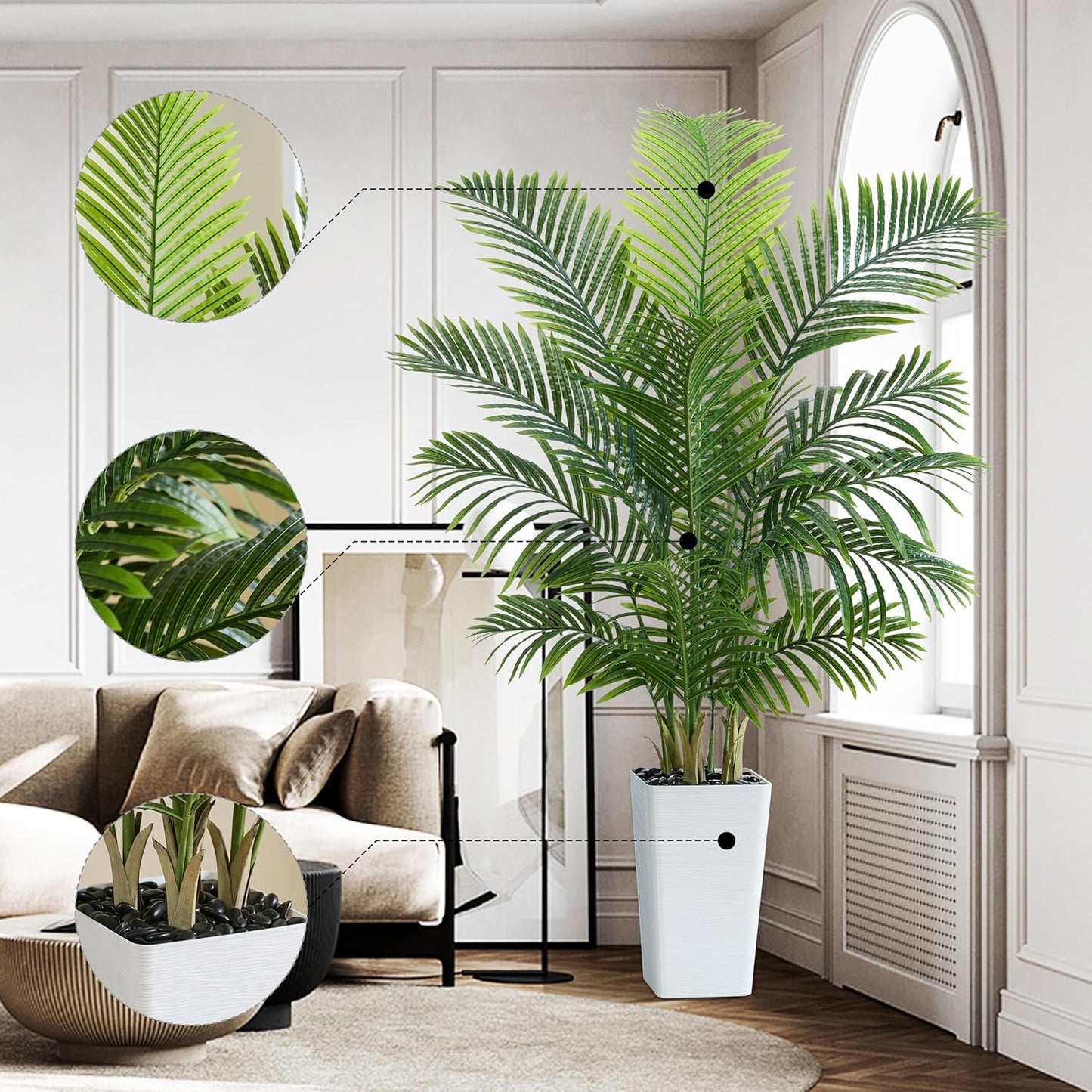 Artificial Palm Tree 5FT - Tall Fake Tree with White Taper Planter & Pebbles, UV Resistant for Indoor & Outdoor, Large Potted Faux Plant, Tropical Areca Floor Plant for Living Room, Office, Home Decor
