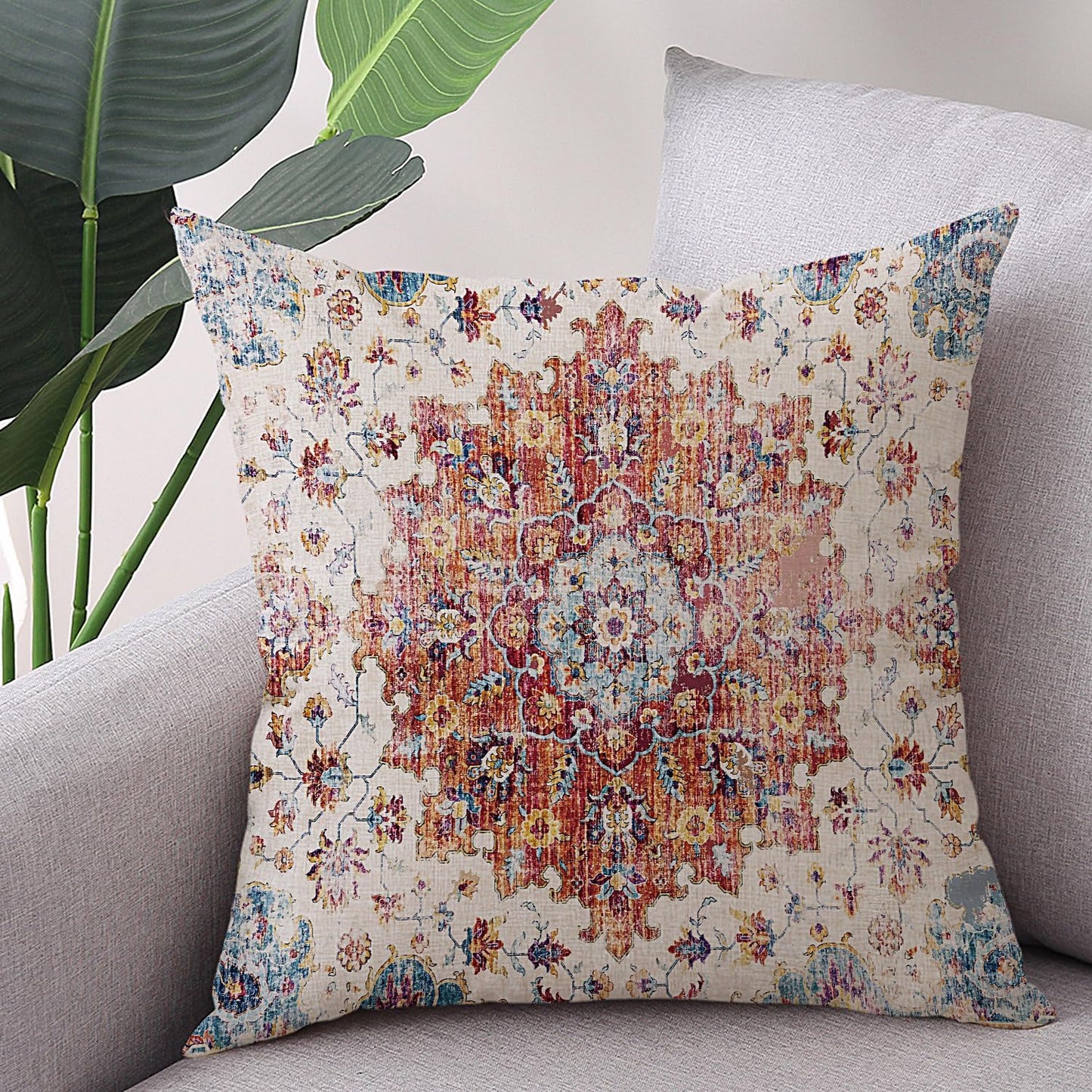 Outdoor Waterproof Pillow Covers - 18 X 18 Inch Set of 2 Blue Orange Bohemian Vintage Carpet Pattern Decorative Farmhouse Pillow Covers for Couch Garden Balcony