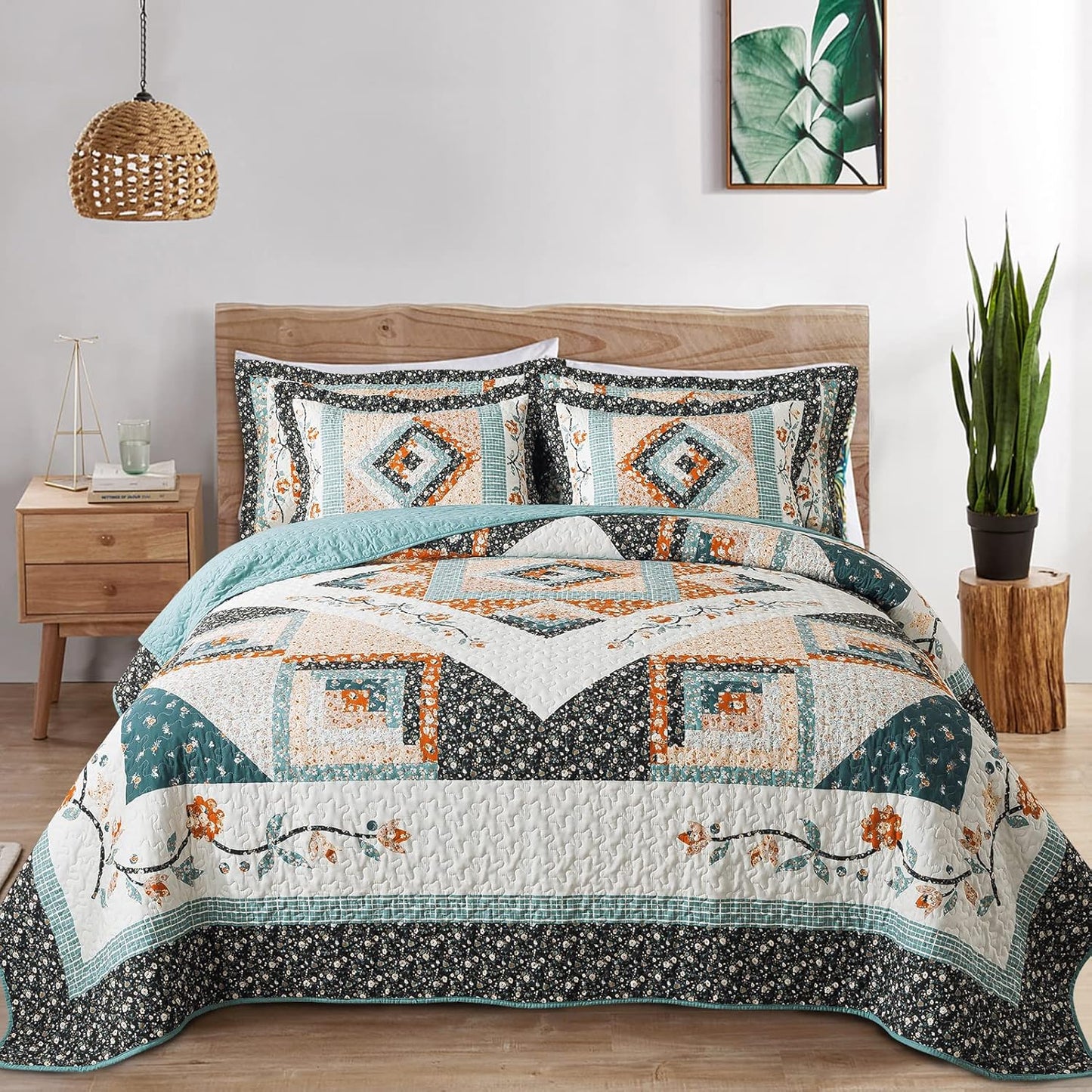 VAPUTAR Queen Size Bedding Set - 3 Pieces, Boho Quilt, Lightweight Reversible Coverlet Bedspread for Farmhouse Bedroom (Floral)