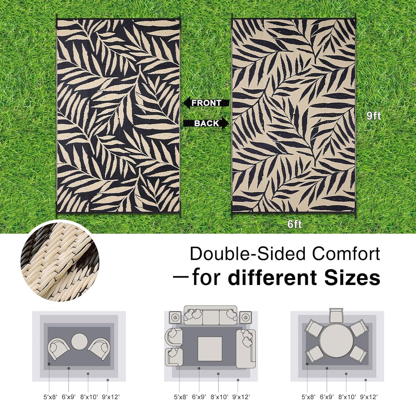 OLANLY Waterproof Outdoor Rug 6x9 ft, Reversible Outdoor Plastic Straw Rug with Leaf Pattern, RV Mat, Indoor Outdoor Carpet for Patio, Camping, Balcony, Deck, Backyard, Black & Beige