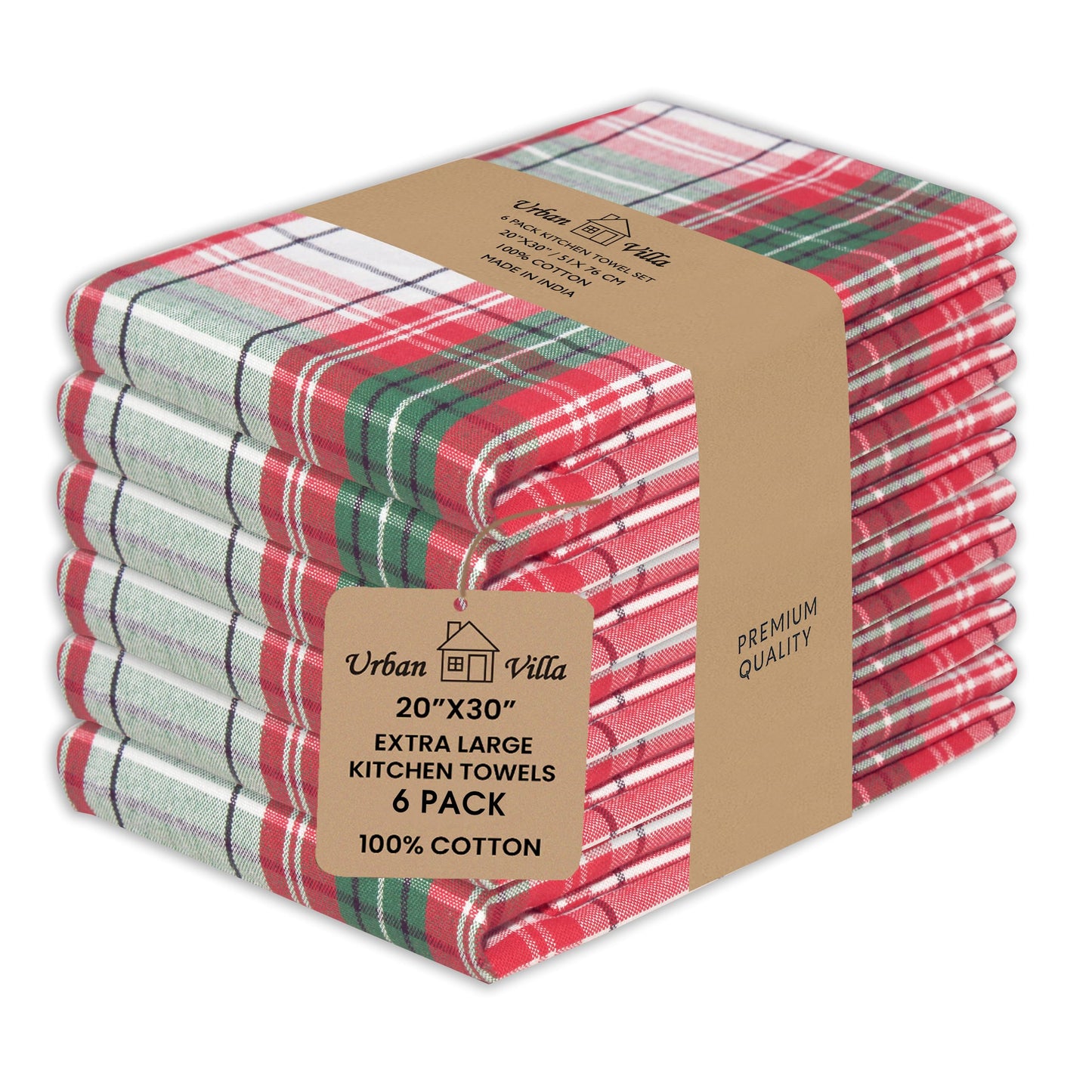 Christmas Check Kitchen Towel Set (6 Pack) – 100% Cotton, Absorbent Dish Cloths with Loop (20"x30")