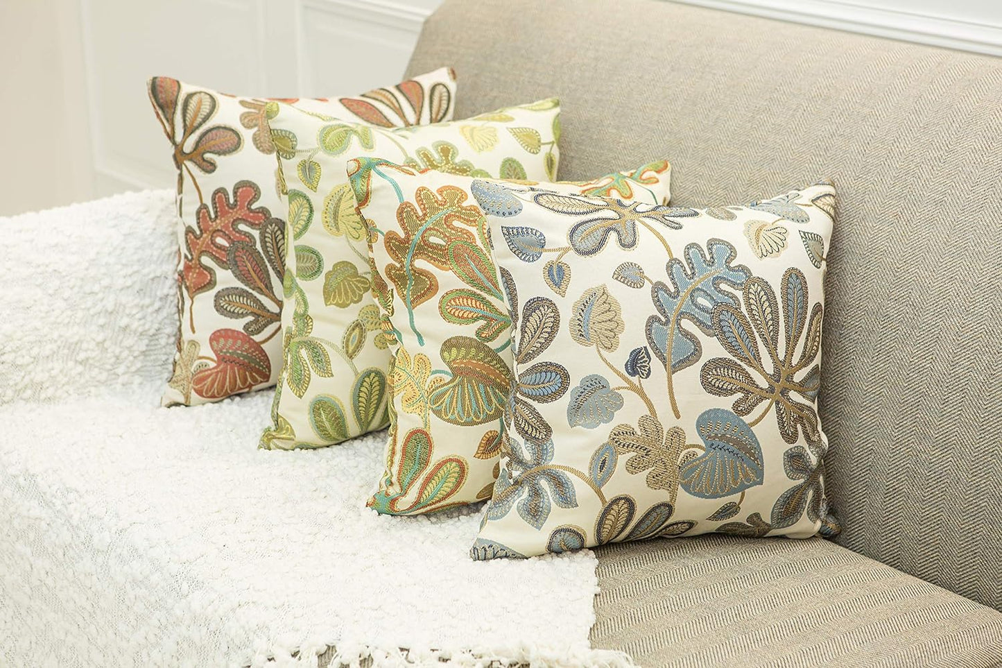 Set of 2 Jacquard Tropical Leaf Pattern Throw Pillow Covers Decorative Pillowcase 22X22 Inches,Blue Cream