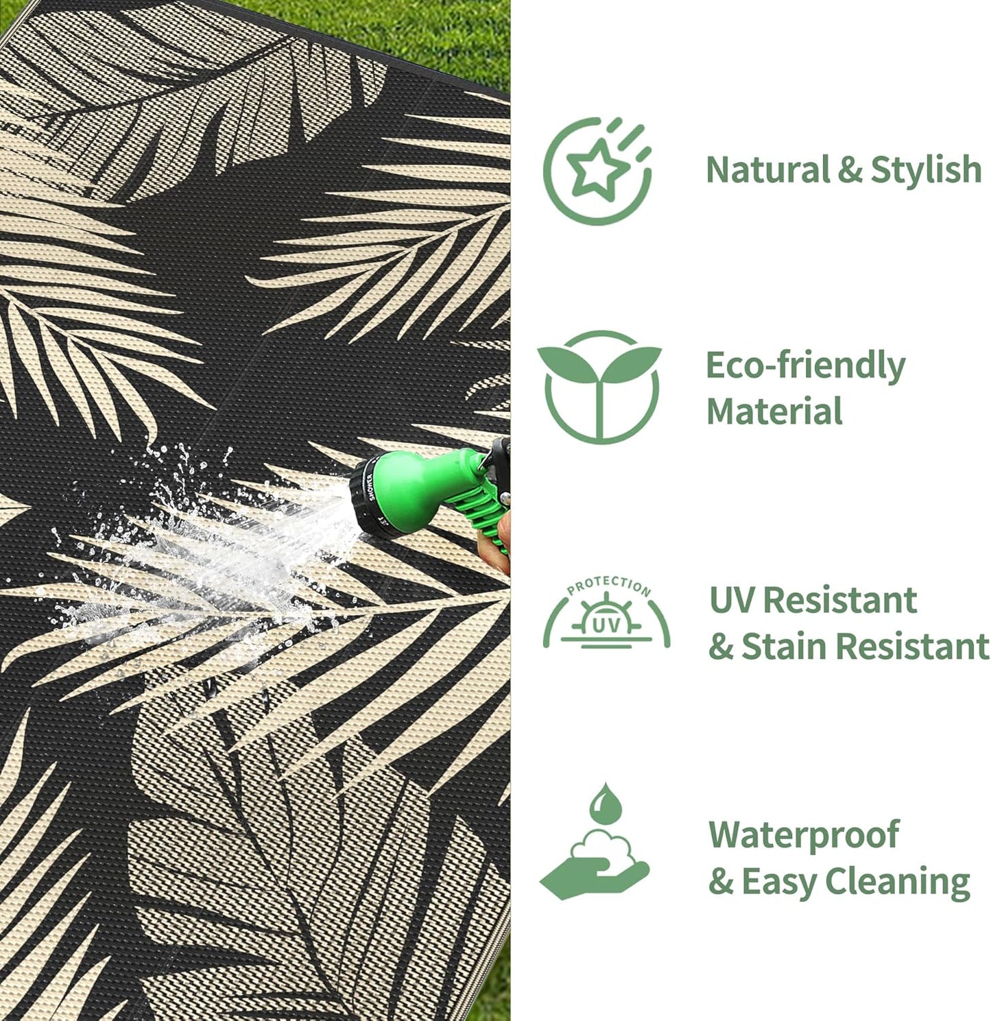 GENIMO Outdoor Rug 8' x 10' Waterproof for Patios Clearance, Reversible Outdoor Plastic Straw Camping Rug Carpet, Large Area Rugs Mats for RV, Camper, Deck, Balcony, Porch, Beach, Picnic, Black&Beige