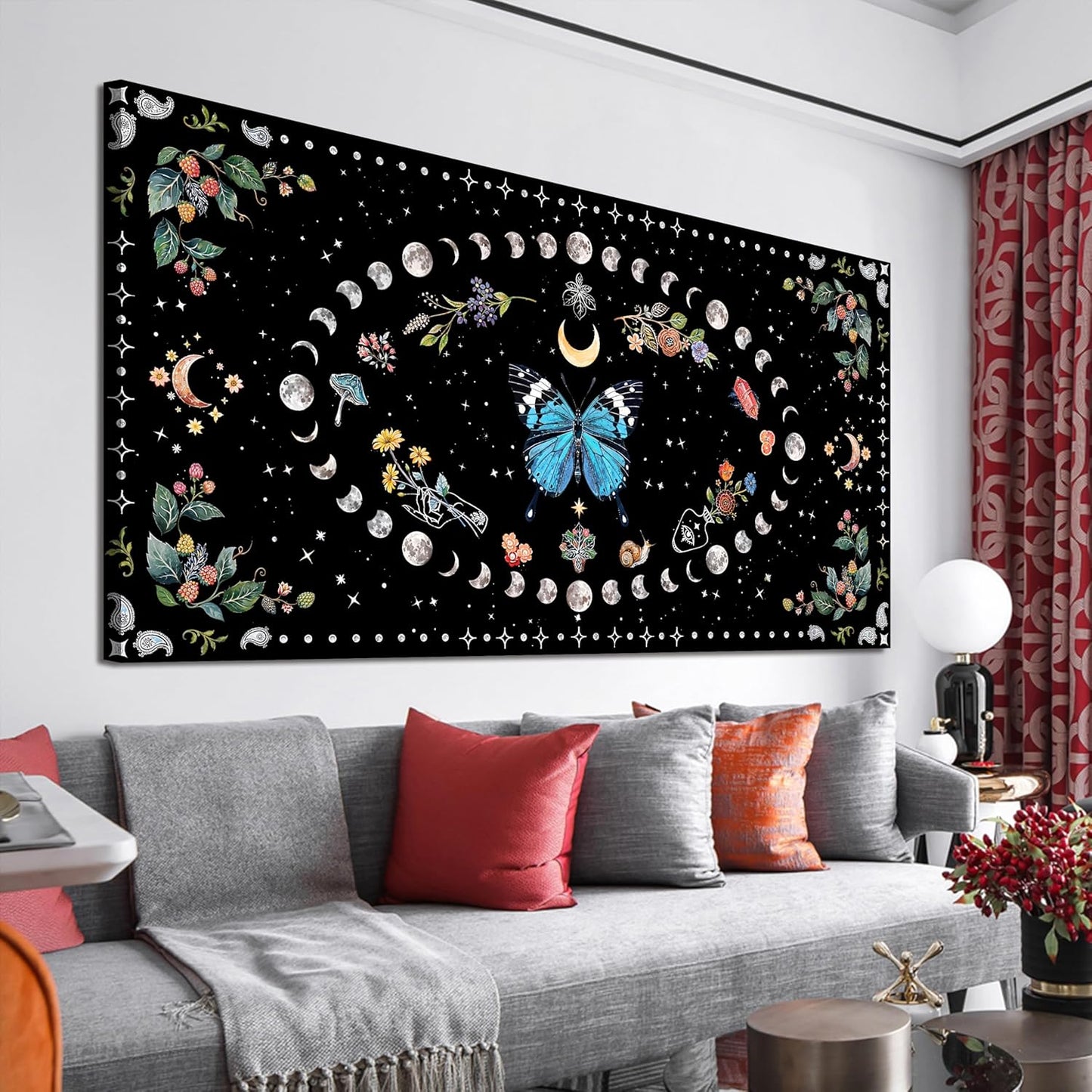 Canvas Wall Art Prints Blue Boho Wall art Decor Abstract Canvas Art Wall Decor Wall Pictures for Living Room Vintage Butterfly Wall Art Moon Flower Large Artwork for Walls Home Room Decor 24"X48"