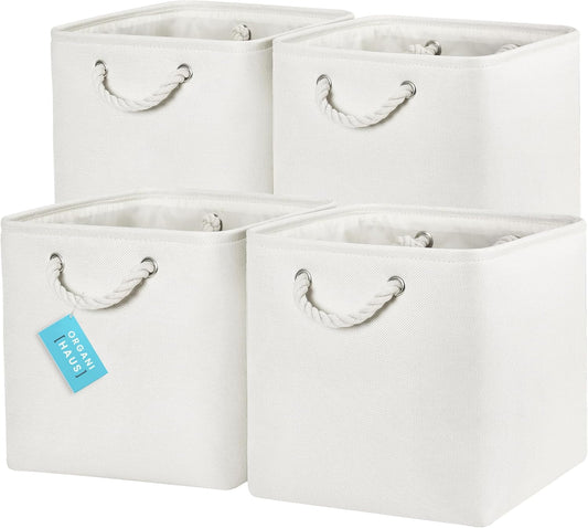 OrganiHaus 12x12 Cube Storage Bins 4 Pack, Foldable Cube Storage Organizer w/ Rope Handles, Collapsible Fabric Bins for Toys, Clothes & Closet Organization, Fabric Square Baskets - Off-White
