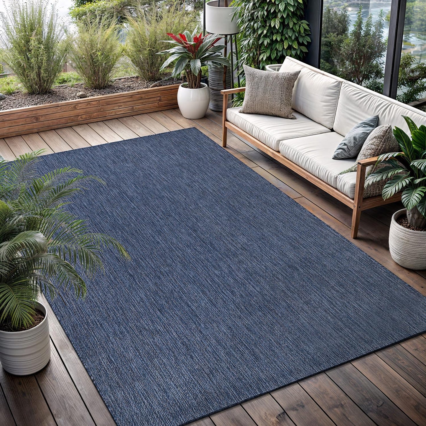 Washable Indoor Outdoor Rug 5x7 Weather Resistant Area Rugs Modern Solid for Porch Deck Balcony Backyard Patio Outside Carpet (5 X 7 Azure Blue)