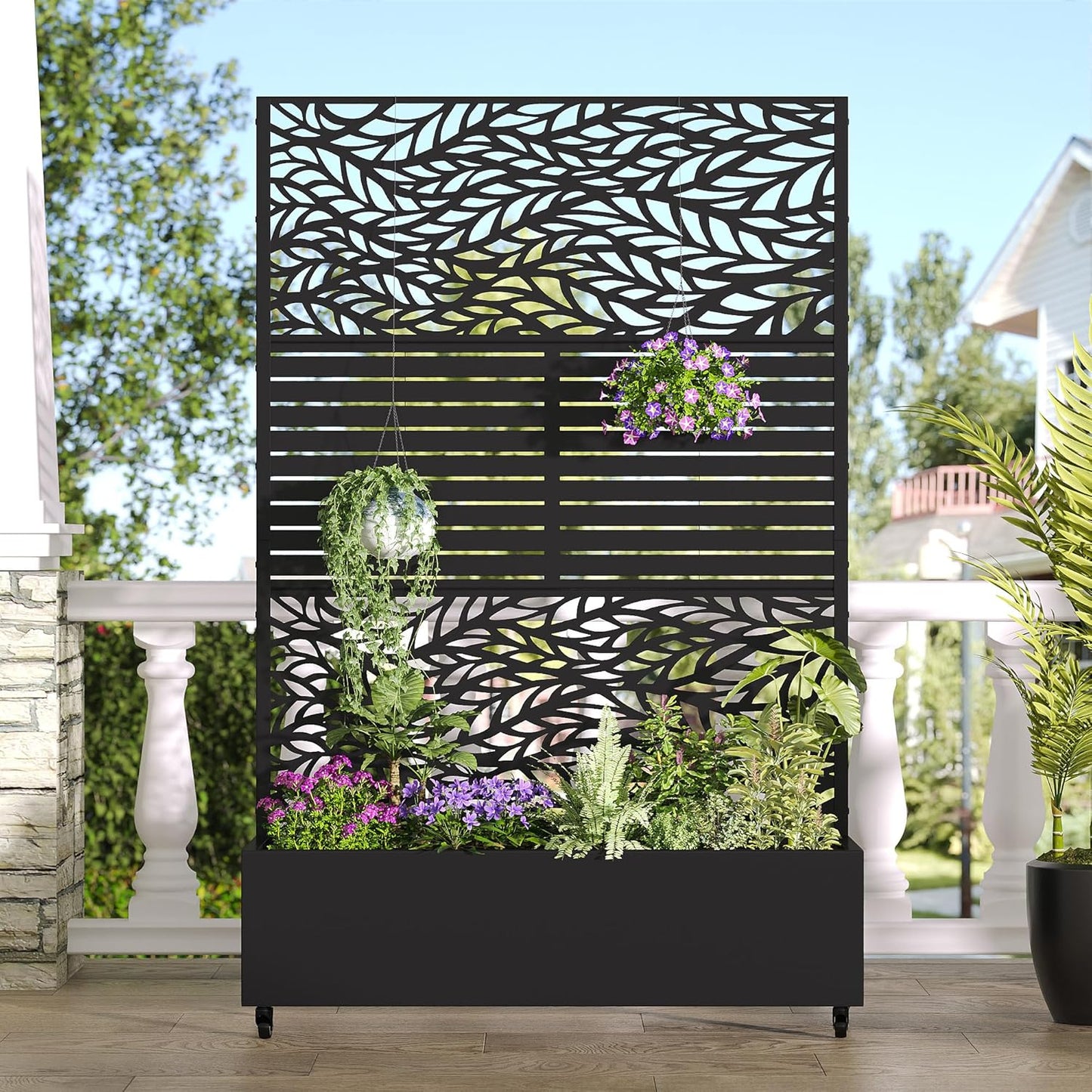 Casaphoria Metal Raised Garden Bed with Trellis and Wheels, 72"x47"x16" Planter Box for Climbing Plants, Vegetables & Vines, Features Drainage Holes and Privacy Screen, Black(Spring&Louvered)