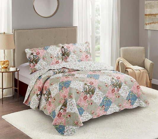 Brilliant Sunshine Peach and Olive Flowers Patchwork, 3-Piece Quilt Set with 2 Shams, Reversible Bedspread, Soft Lightweight Coverlet, All-Season, Full/Queen, Peach Olive