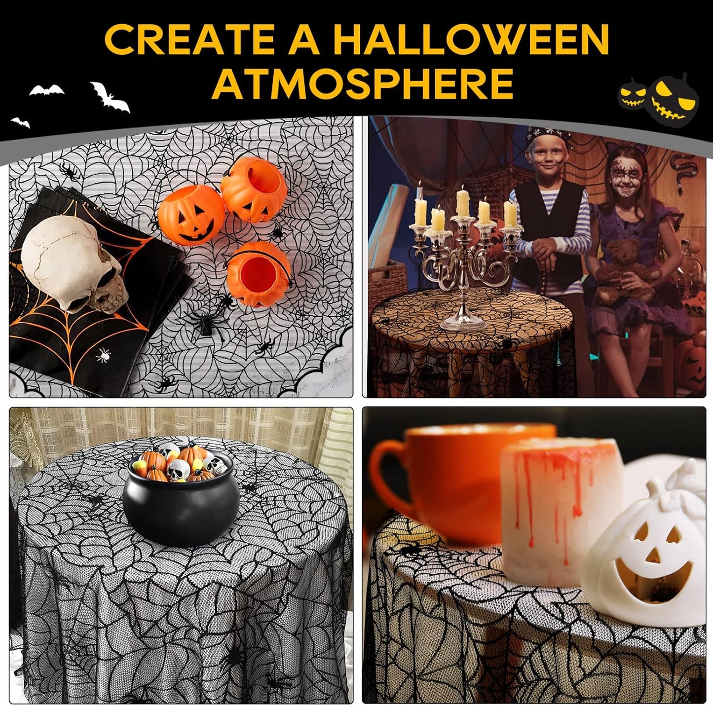 eZAKKA Round Halloween Tablecloth, 70 Inch Spider Webs Tablecloths Black Tablecloth Lace Fabric Table Cloths Spooky Table Cover for Parties Gothic Halloween Home Decorations