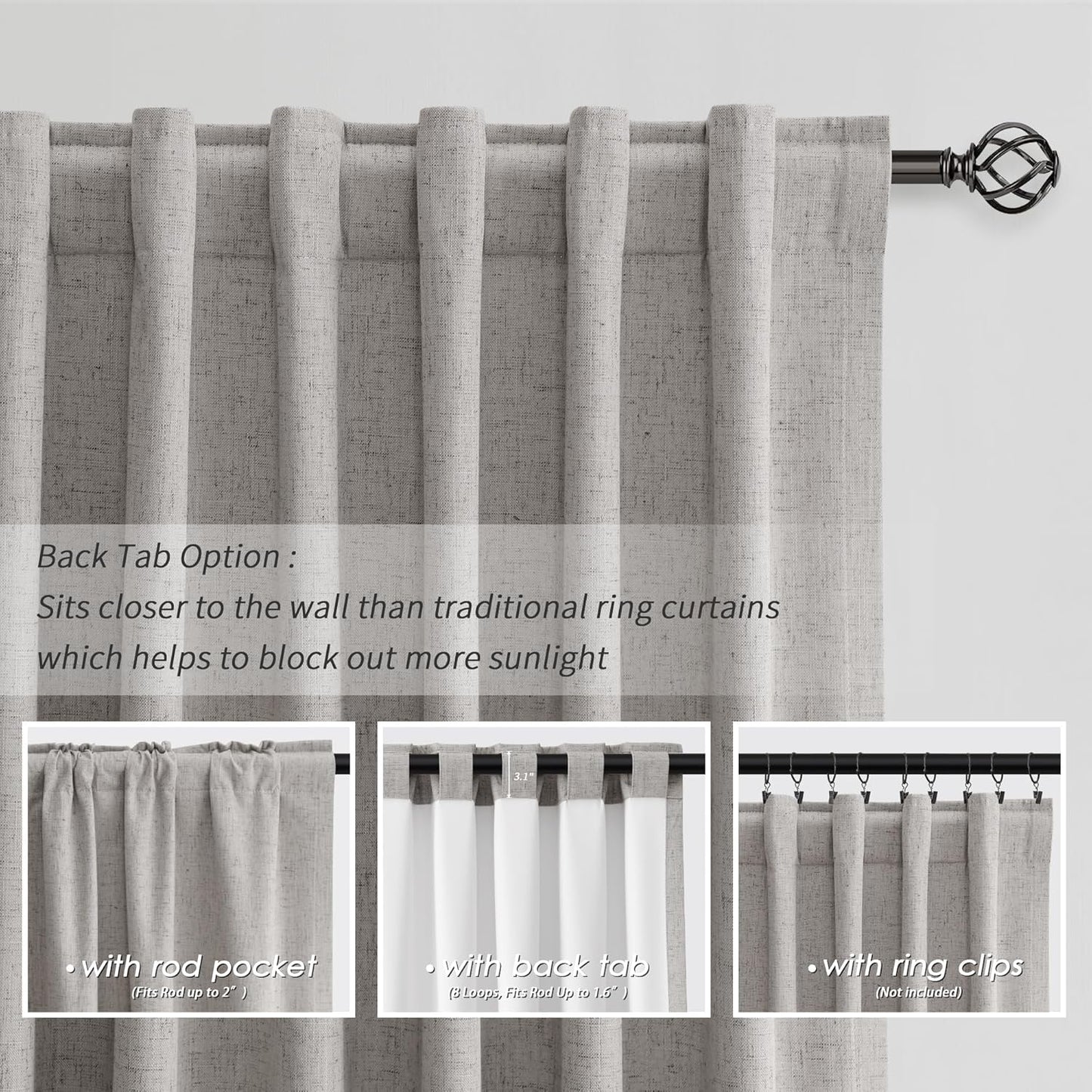 BOODII Room Darkening Curtains 120 Inch Back Tab Thermal Insulated Black Out Linen Drapes Extra Long Blackout Curtains for Patio Door Large Window Ceiling to Floor Light Blocking Silver Gray 52x120