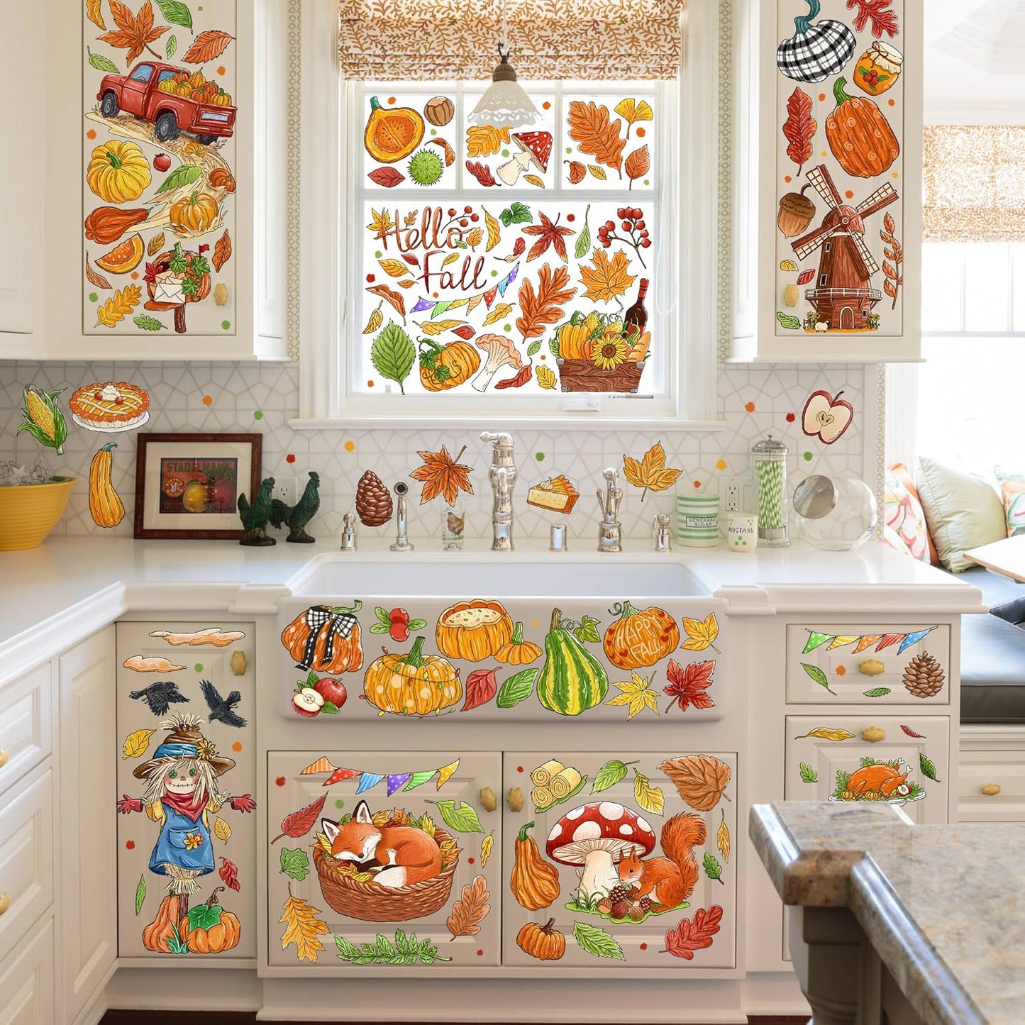 Fall Window Clings Decorations - Leaves Pumpkin Scarecrow Autumn Clings for Glass Windows, Double Sided Reusable Window Stickers, Cute Large Thanksgiving Harvest Window Decals-184 PCS/9 Sheet