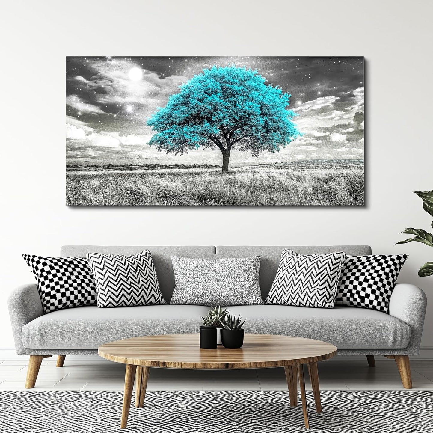 KELIYUAN Blue Tree Wall Artist Decorated Painting Full Of Stars Black And White Oil Painting Modern Print Canvas Aesthetics Living Room Decoration Bedroom Bathroom Office Wall Decoration 24 X 48 In