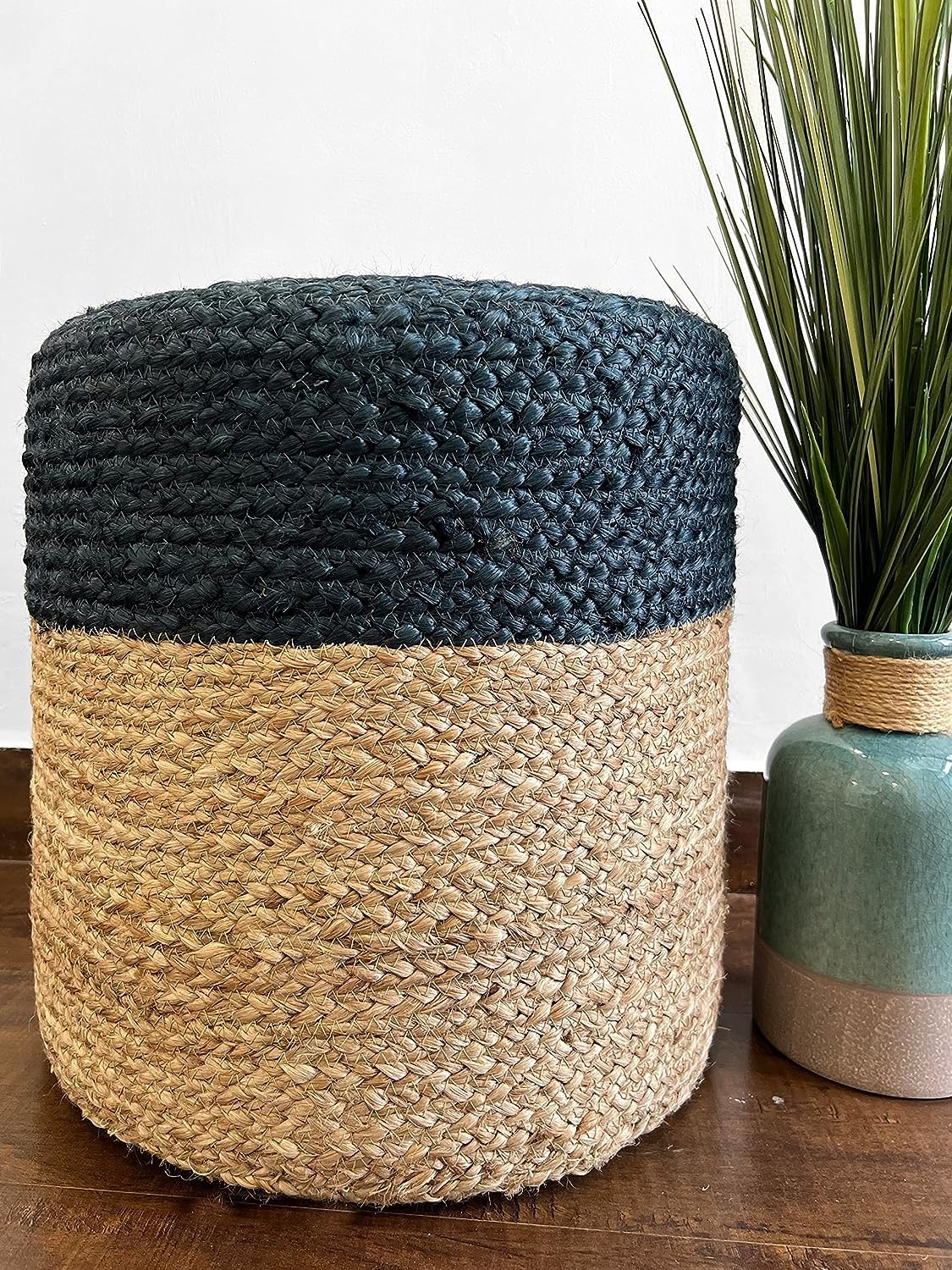Jute Pouf Ottoman | Footrest Pouf | Hand Braided - Round Boho Pouffe - for Living Room, Bedroom, Nursery (16"x16"x16") Navy