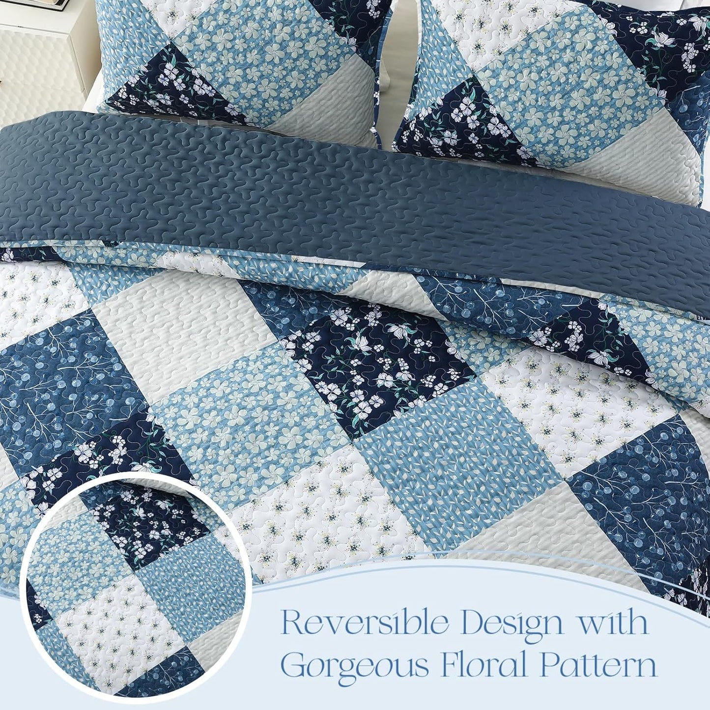 Exclusivo Mezcla Reversible Boho Quilt Set Twin Size, 2 Pieces Patchwork Blue All Season Bedspreads, Ultra Soft Floral Coverlet Bedding Set with Printed Pattern (1 Quilt, 1 Pillow Sham)