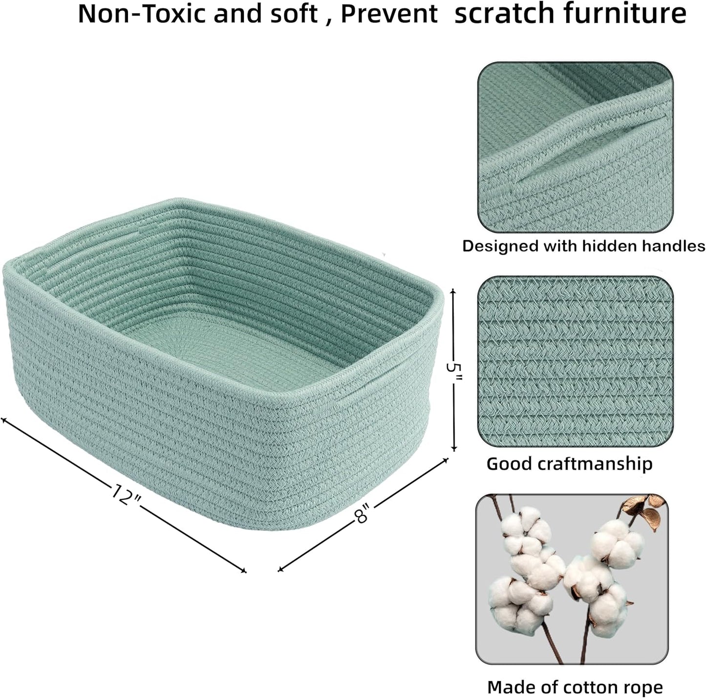 Small Woven Storage Baskets 12“X8”X5“ Decorative Rope Bins for Organizing Shelves, Closets, and Toys, Empty Gift Baskets, Cute Organizer Basket for Home and Office (green, regular)