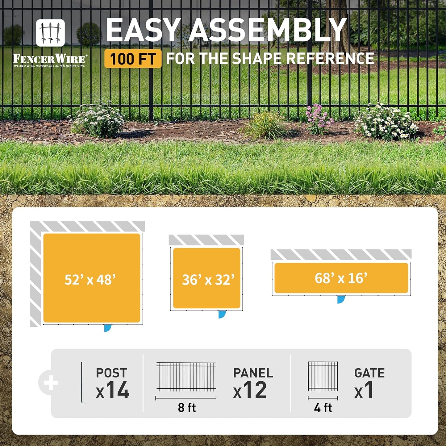 Fencer Wire 100FT Heavy Duty Flat Top Fence Barrier Kit, Anti-Rust Metal Steel Fence with 6FT Height X 8FT Width Panels, Gate, Posts, Connectors, 2” Diameter Outdoor Fencing for Yard, Pool, Patio