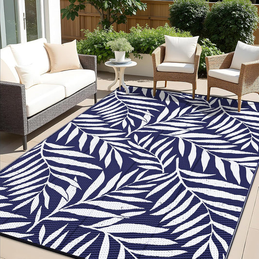 OLANLY Waterproof Outdoor Rug 6x9 ft, Reversible Outdoor Plastic Straw Rug with Leaf Pattern, RV Mat, Indoor Outdoor Carpet for Patio, Camping, Balcony, Deck, Backyard, Navy & White