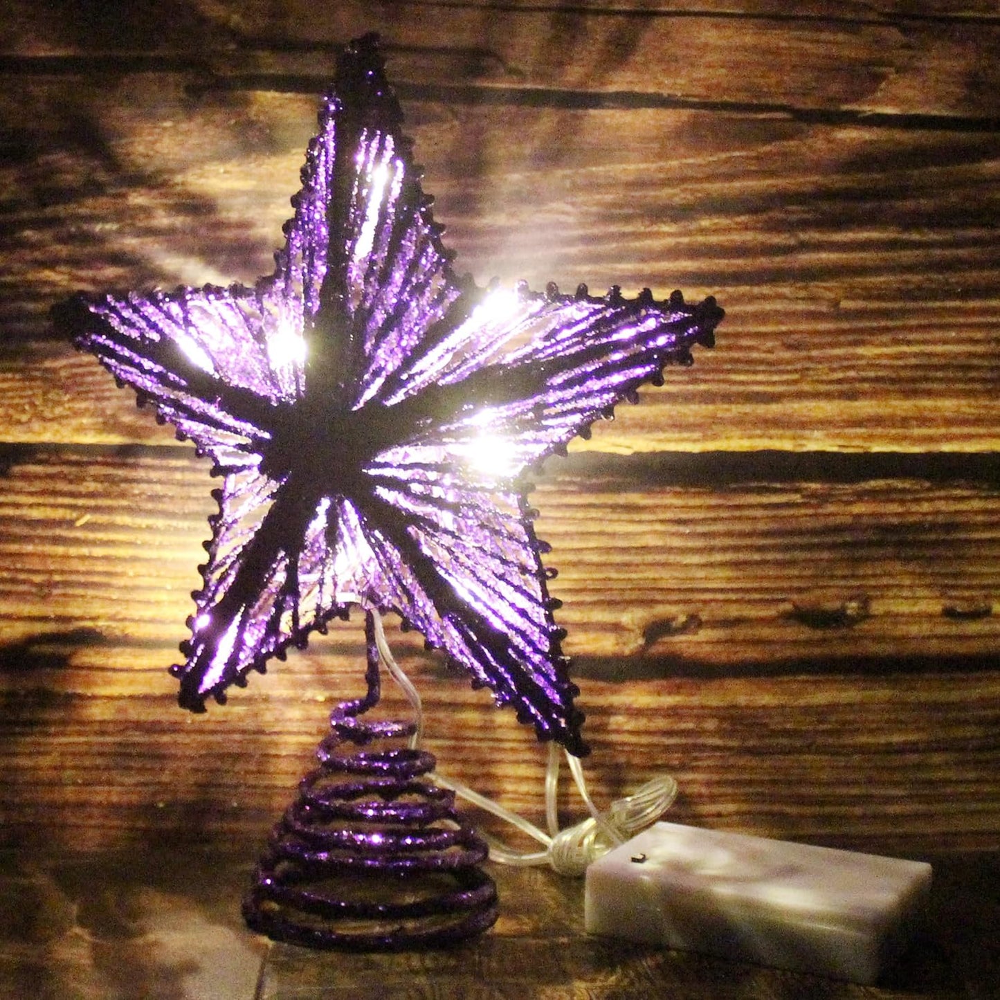 CVHOMEDECO. Purple Glittered 3D Tree Top Star with Warm White LED Lights and Timer for Christmas Tree Decoration and Holiday Seasonal Décor, 8 x 10 Inch