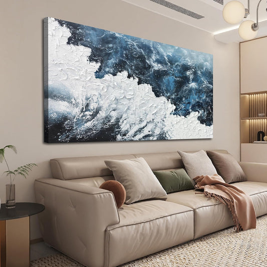 Abstract Wall Art Decor Abstract Canvas Wall Pictures for Living Room Large Blue White Wall Art Prints Beach Wave Artwork for Walls Coastal Modern Wall Art Decorations Home Office Wall Art Decor 24" X 48"