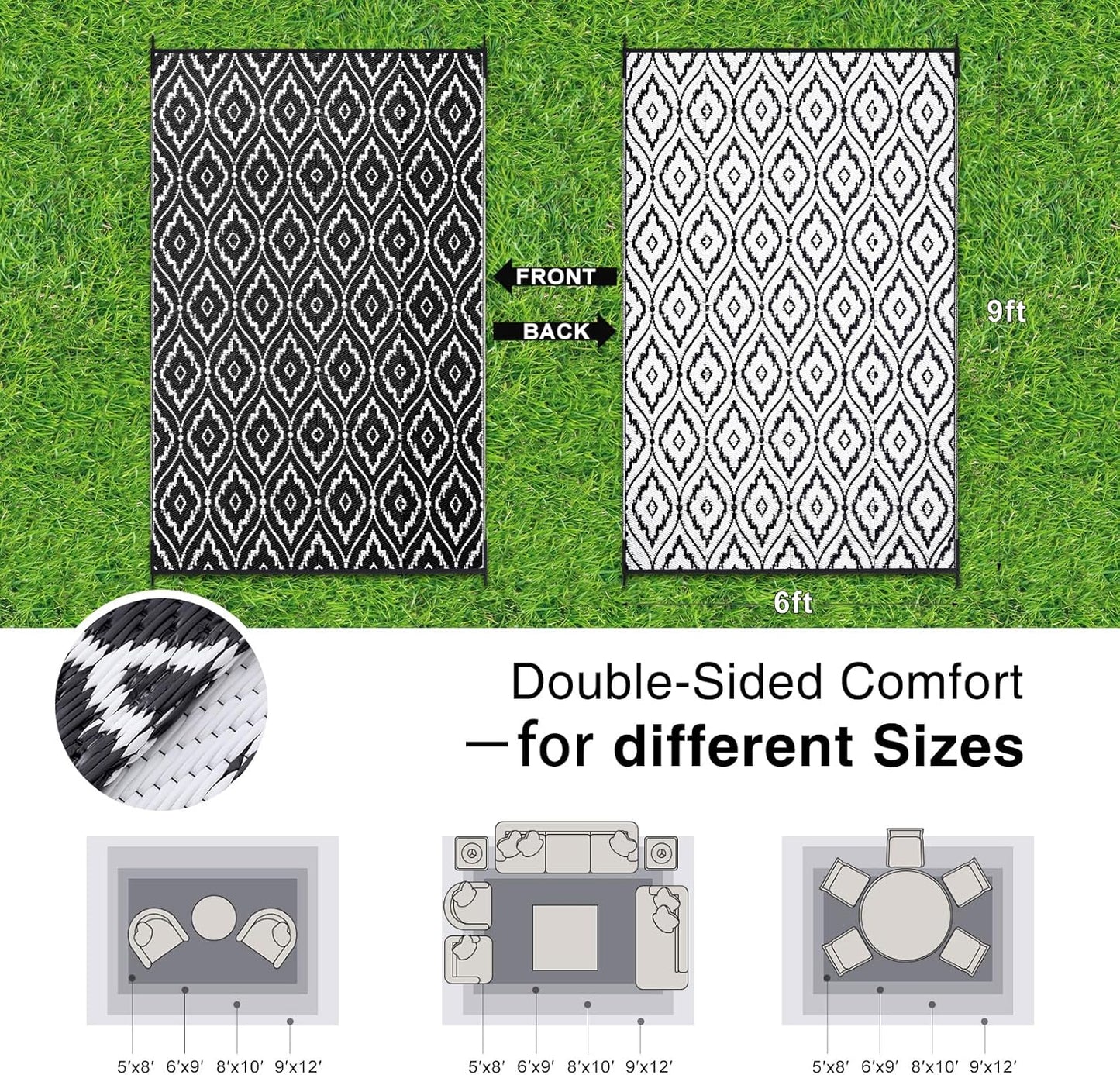 OLANLY Outdoor Rug 6x9 ft Waterproof, Outdoor Plastic Straw Rug with Geometric Pattern Clearance, Reversible RV Mat for Patio, Camping, Balcony, Deck, Backyard, Black & White