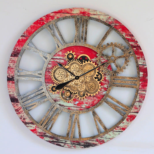 The Gears Clock 36'' Inch Real Moving Gear Wall Clock Vintage Industrial Oversized Rustic Farmhouse (Red Lava)