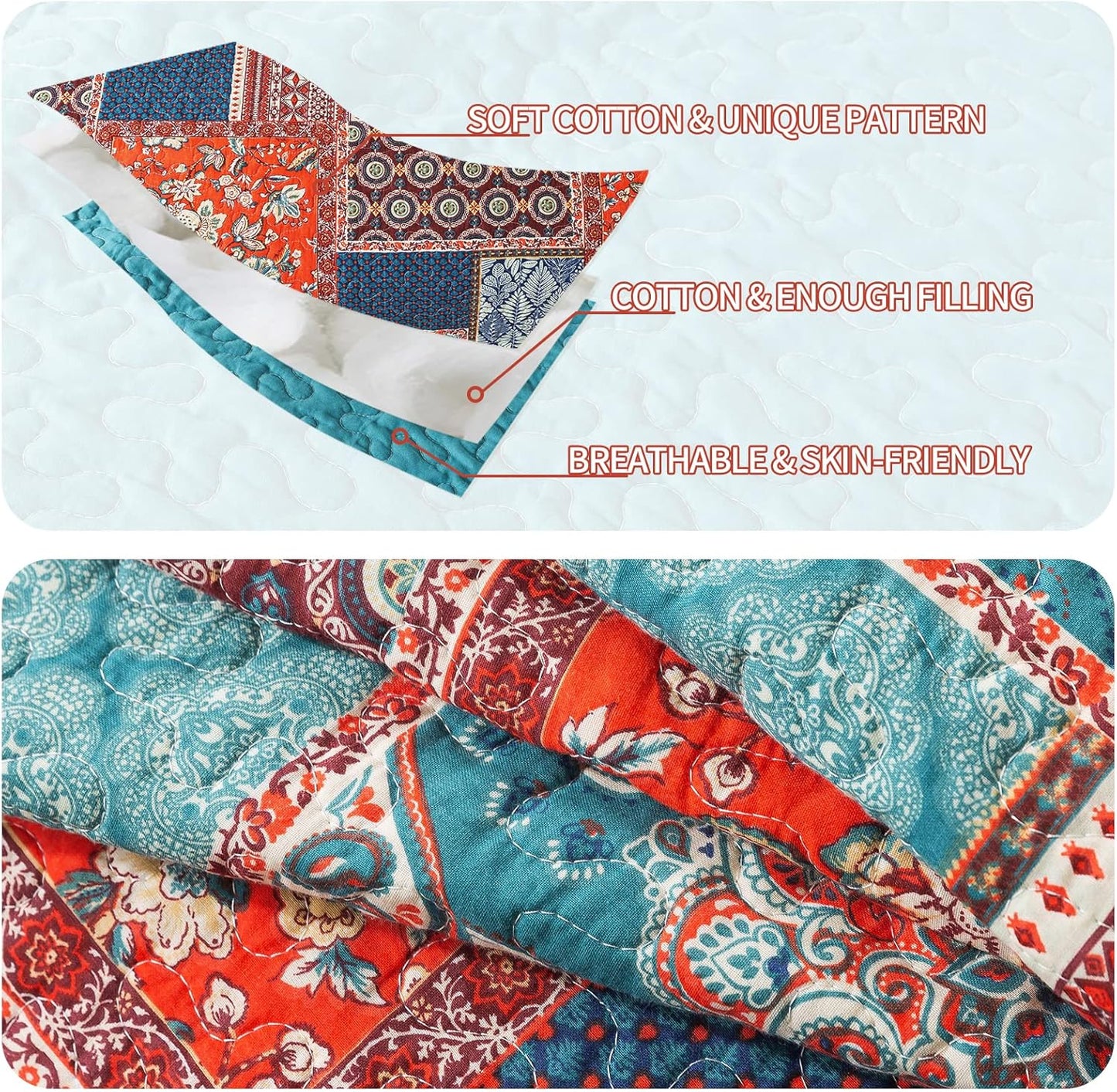 VAPUTAR Cotton Quilt Queen Size Bedding Set - 3 Pieces, Boho Queen Size Quilts, Lightweight Reversible Coverlets Bedspreads for Farmhouse Bedroom