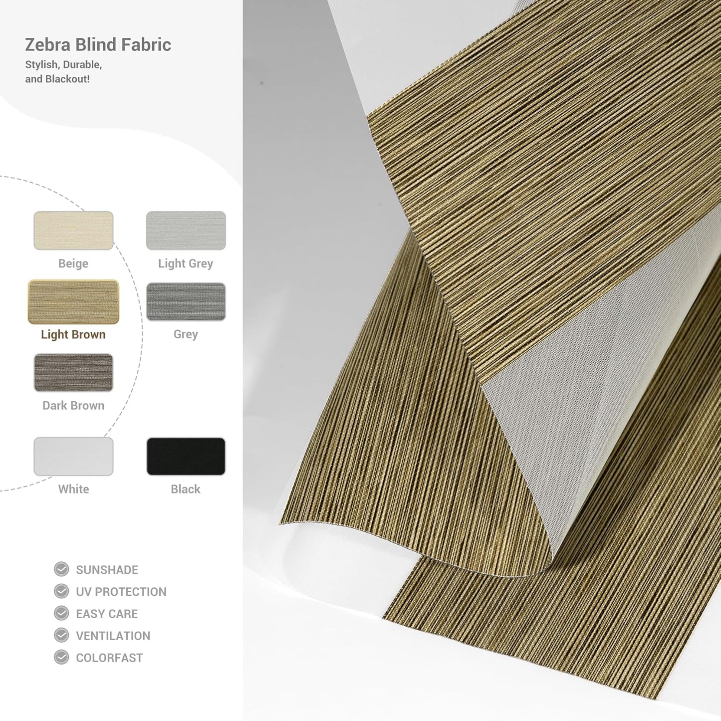 Cordless Zebra Blinds for Windows, Blackout Interior Blinds,Easy to Install,UV Protection,for Offices and Home,Custom Roller Shades, Mousse Light Bown,17" W x 56" H