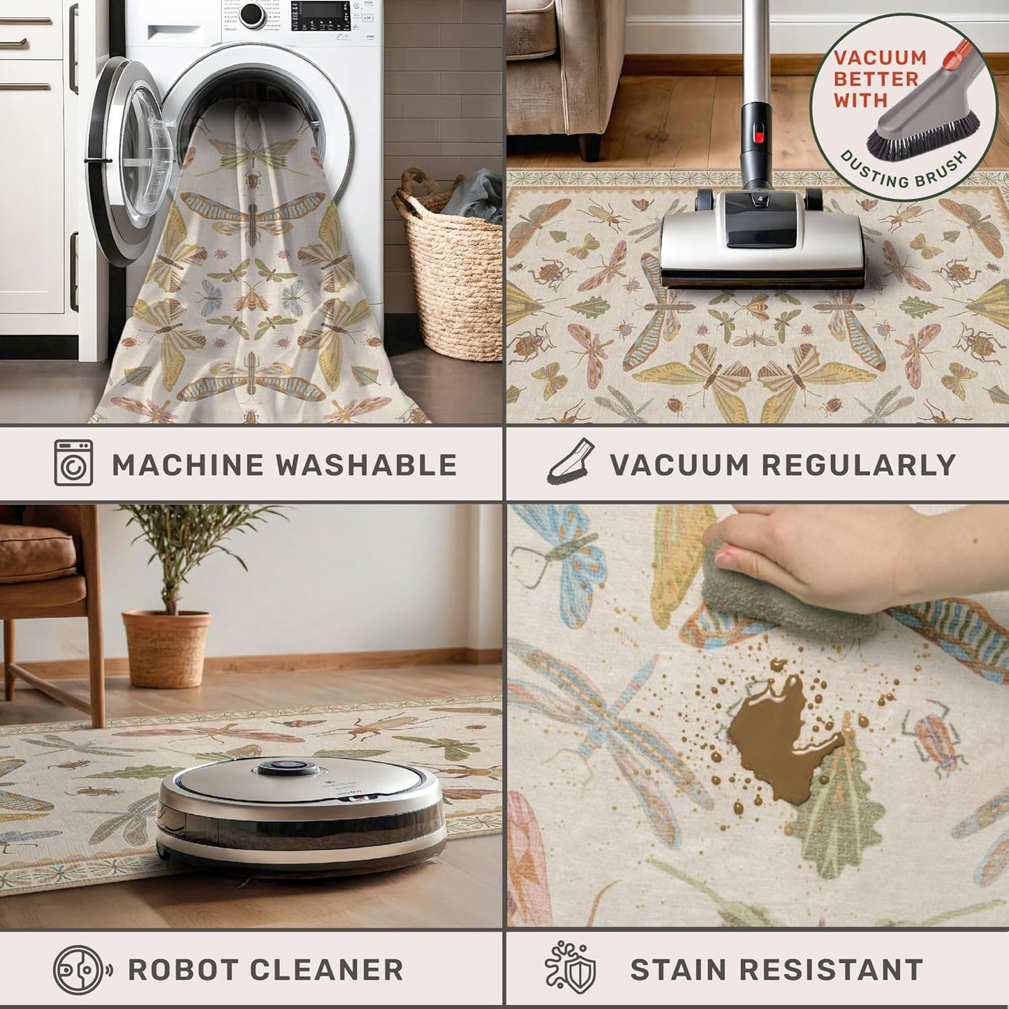 Beige Dining Table Rug - 6x9 Area Rugs for Bedroom, Living Room, Cute Kids Room, Large Fun Insect Butterfly Vintage Non-Slip Décor, Low Pile Stain Resistant