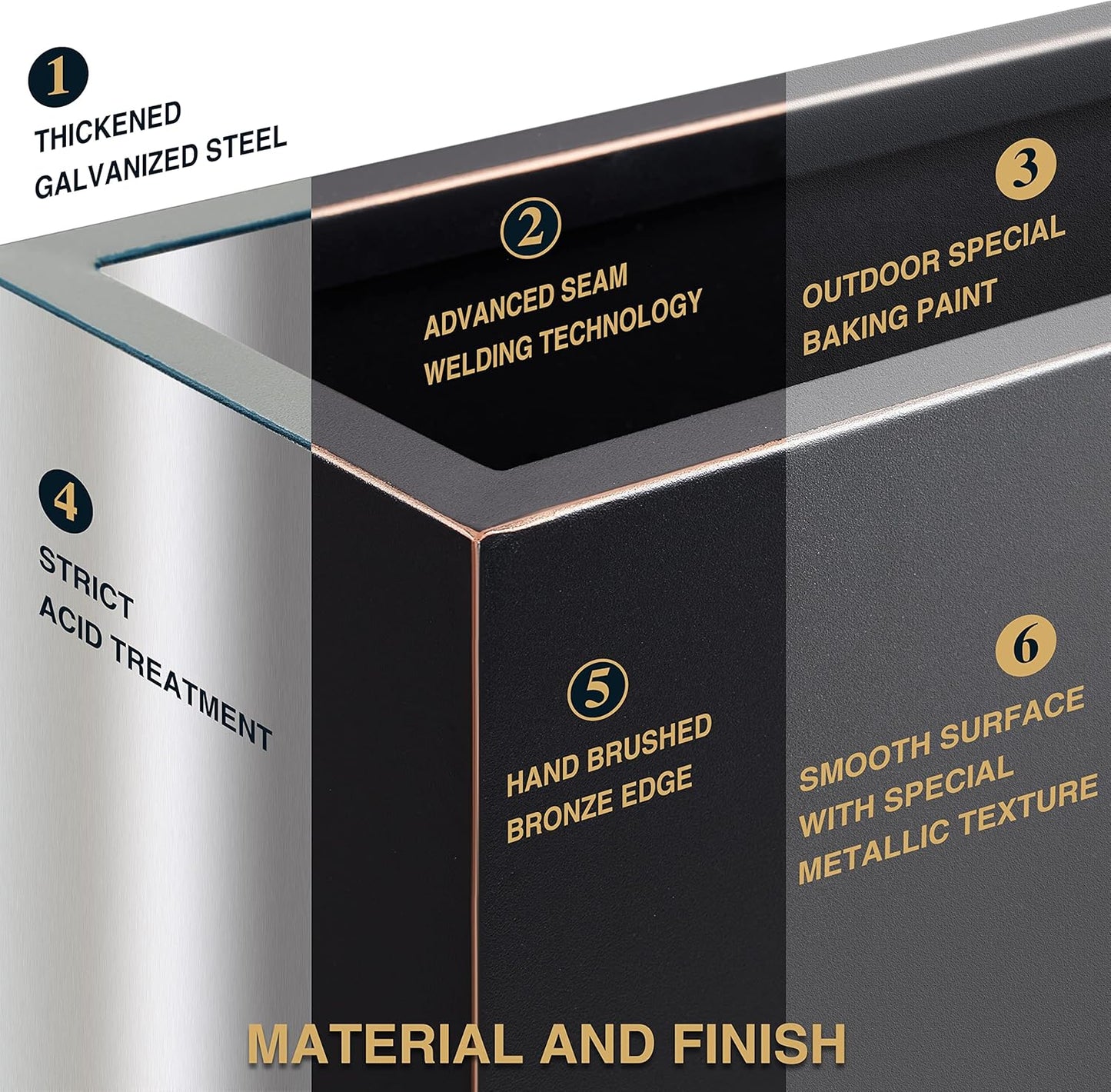 Metallic Heavy Planter for Outdoor Plants, 38Lx10Wx30H Inches Tall and Long Metal Divider Planter Box with Hand Brushed Gold Edge for Outside & Indoor, No Assembly (Black)