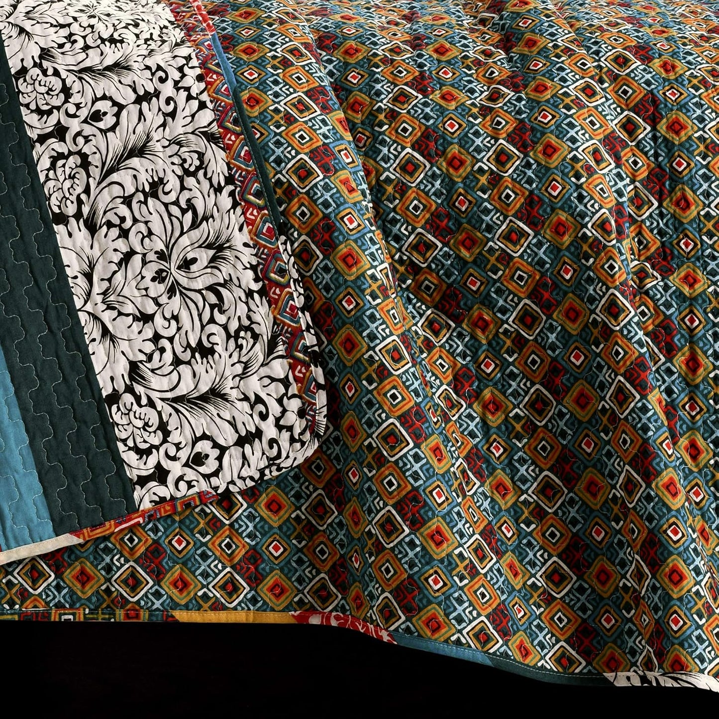 Lush Decor Boho Stripe Reversible Cotton Quilt 3-Piece Set, Full/ Queen, Turquoise & Tangerine - Bold Colorful Bohemian Bedding Set