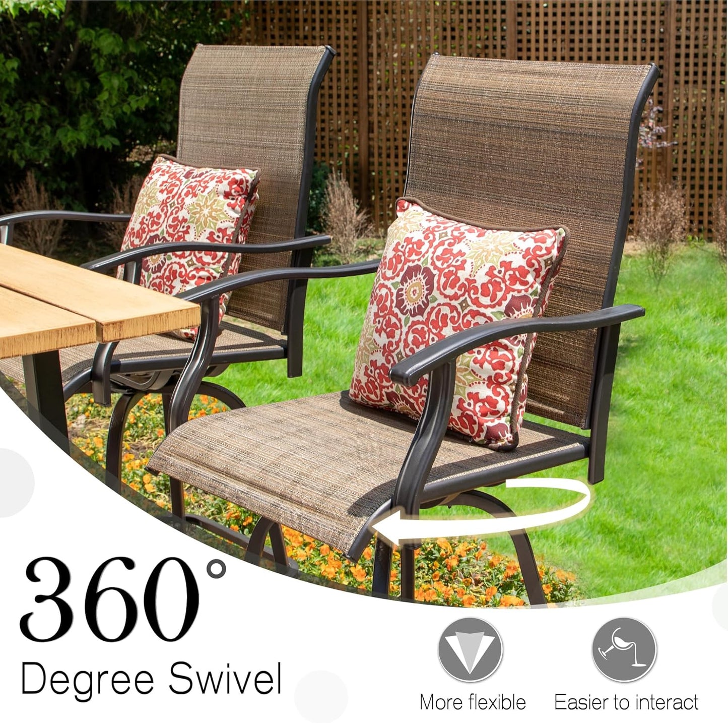 Sophia & William Outdoor Bar Set, Patio Bar Table & Chairs Set, Bar Height Patio Set - 2 x Swivel Bar Chairs(Brown), 1 x Square Bar Table(Wood-Like)