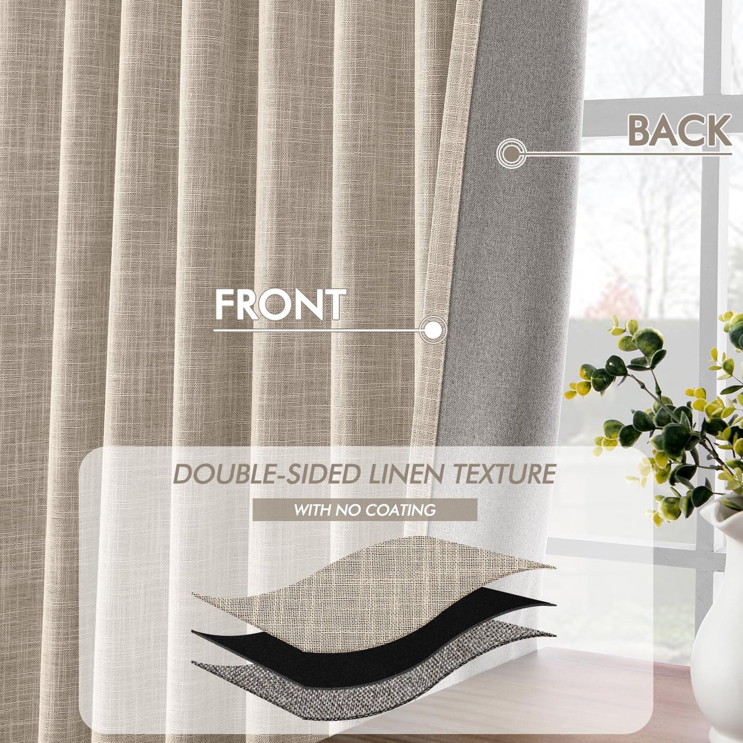 MIULEE Beige 100% Blackout Linen Curtains 105 Inch 2 Panels Set Double Sided No Coating Pleated Back Tab Black Out Long Thermal Insulated Pinch Pleat Bedroom Living Room Darkening Window Drapes