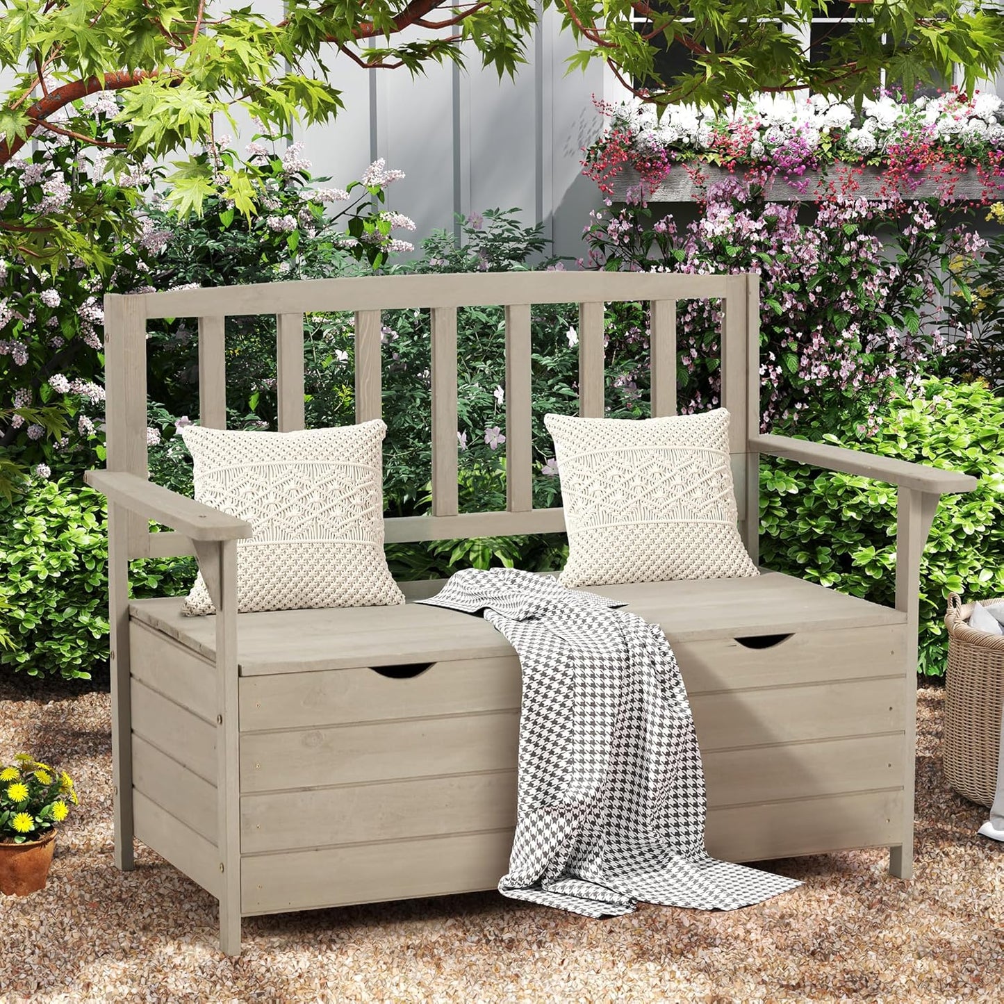 AVAWING Outdoor Storage Bench, Wooden Garden Bench Weatherproof, Patio Benches for Outside, 2-Seat Front Porch Bench, Park Bench for Deck, Lawn, Backyard (Light Gray)