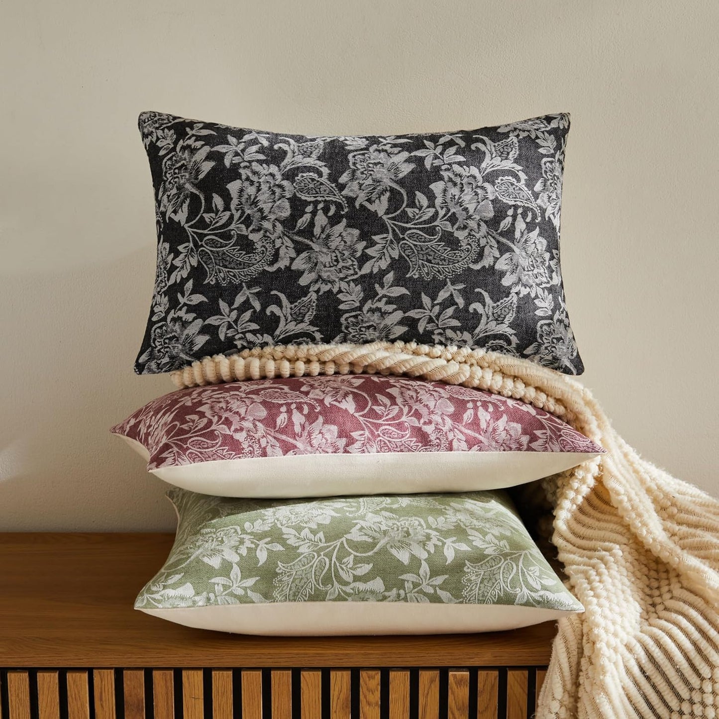 Floral Jacquard Lumbar Throw Pillow Covers Set of 2, Background/Charcoal 12x20 Inch, Farmhouse Decorative Cotton Dark Grey Cushion Covers for Sofa Bed Living Room Home Decor