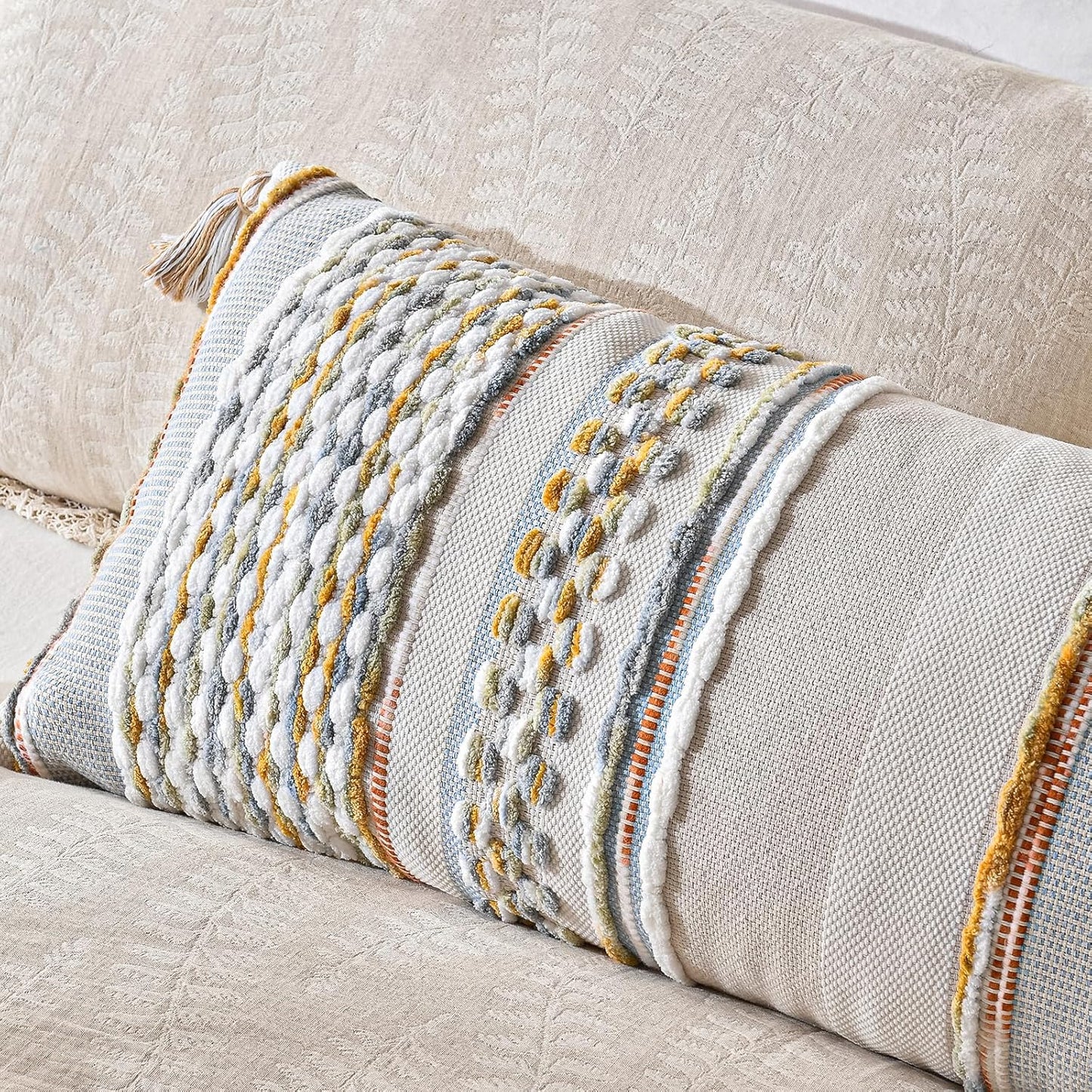 AmHoo Chenille Striped Textured Boho Throw Pillow Covers Aesthetic with Tassels Woven Decorative Pillow Case for Couch Bed Sofa Bedroom Modern Funky 14 x 36-Inch Grey